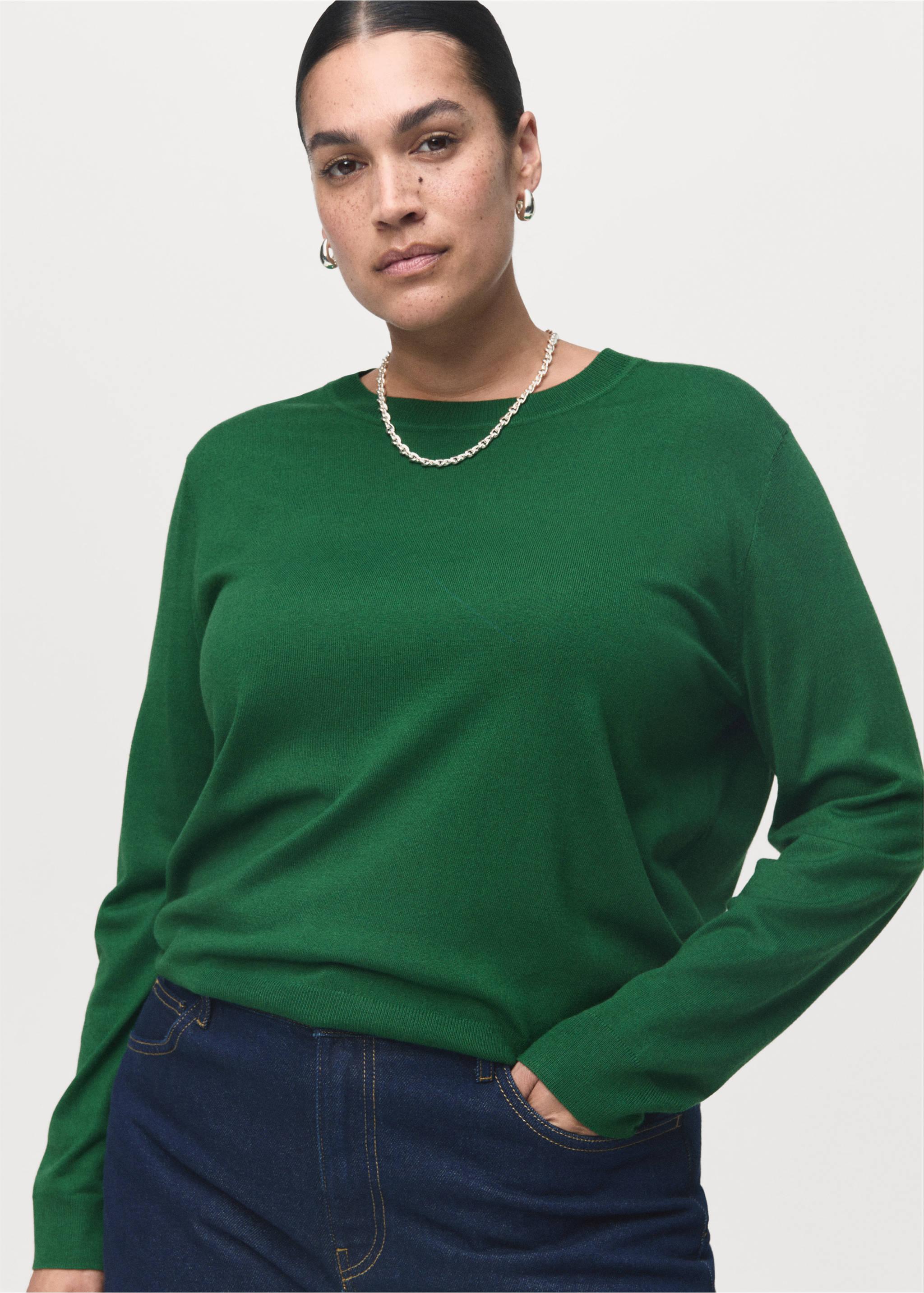 Fine-knit crew-neck sweater - Details of the article 5, Dark Green. Ref: 17005817-00.