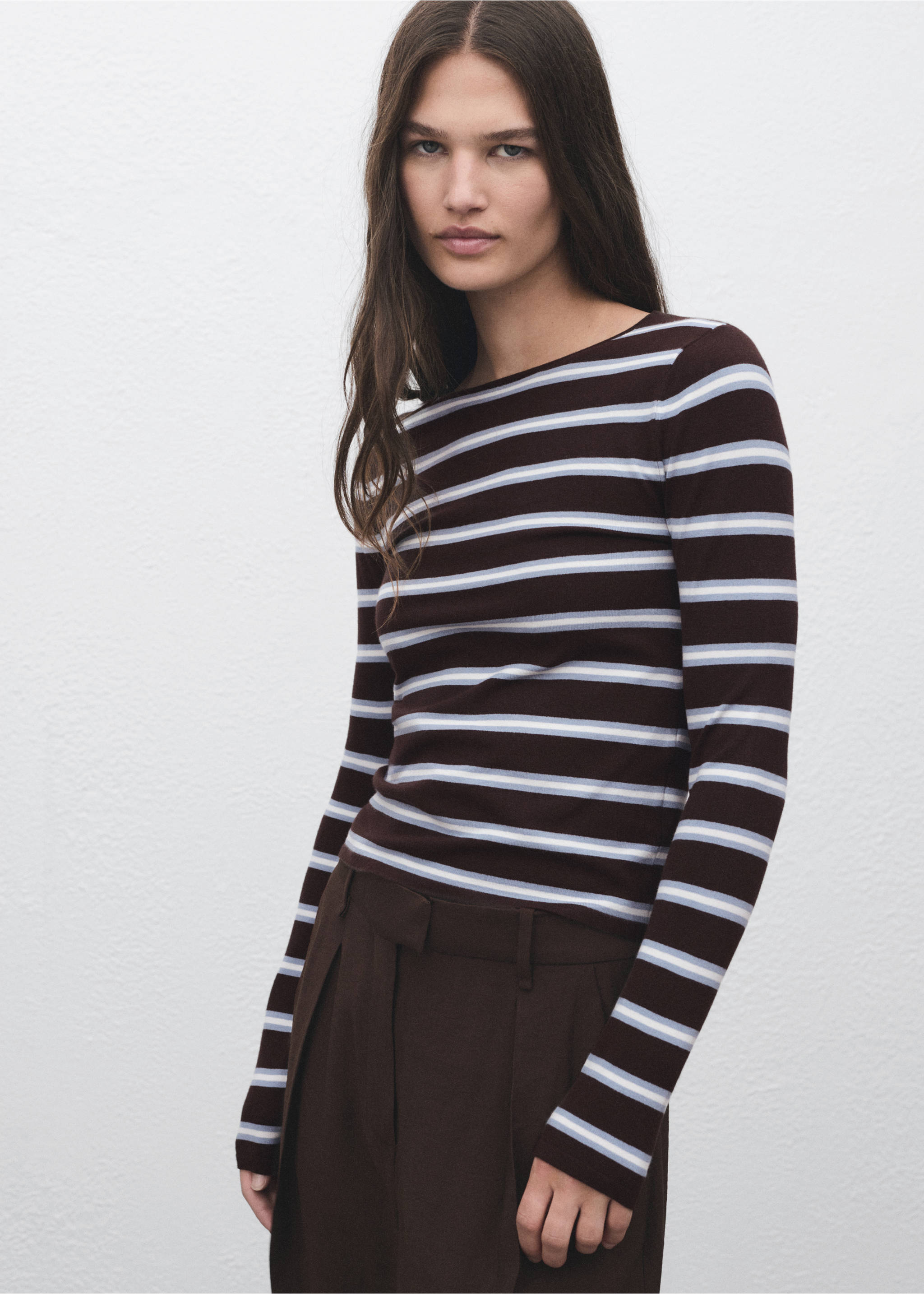 Fine knit striped jersey - Medium plane, Chocolate. Ref: 17005820-00.