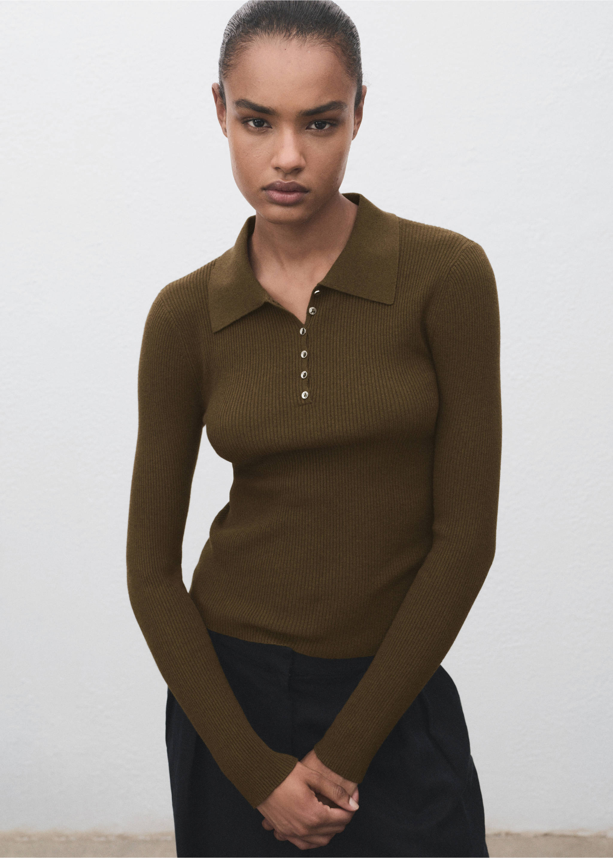 Polo-neck ribbed sweater - Medium plane, Khaki. Ref: 17005822-00.