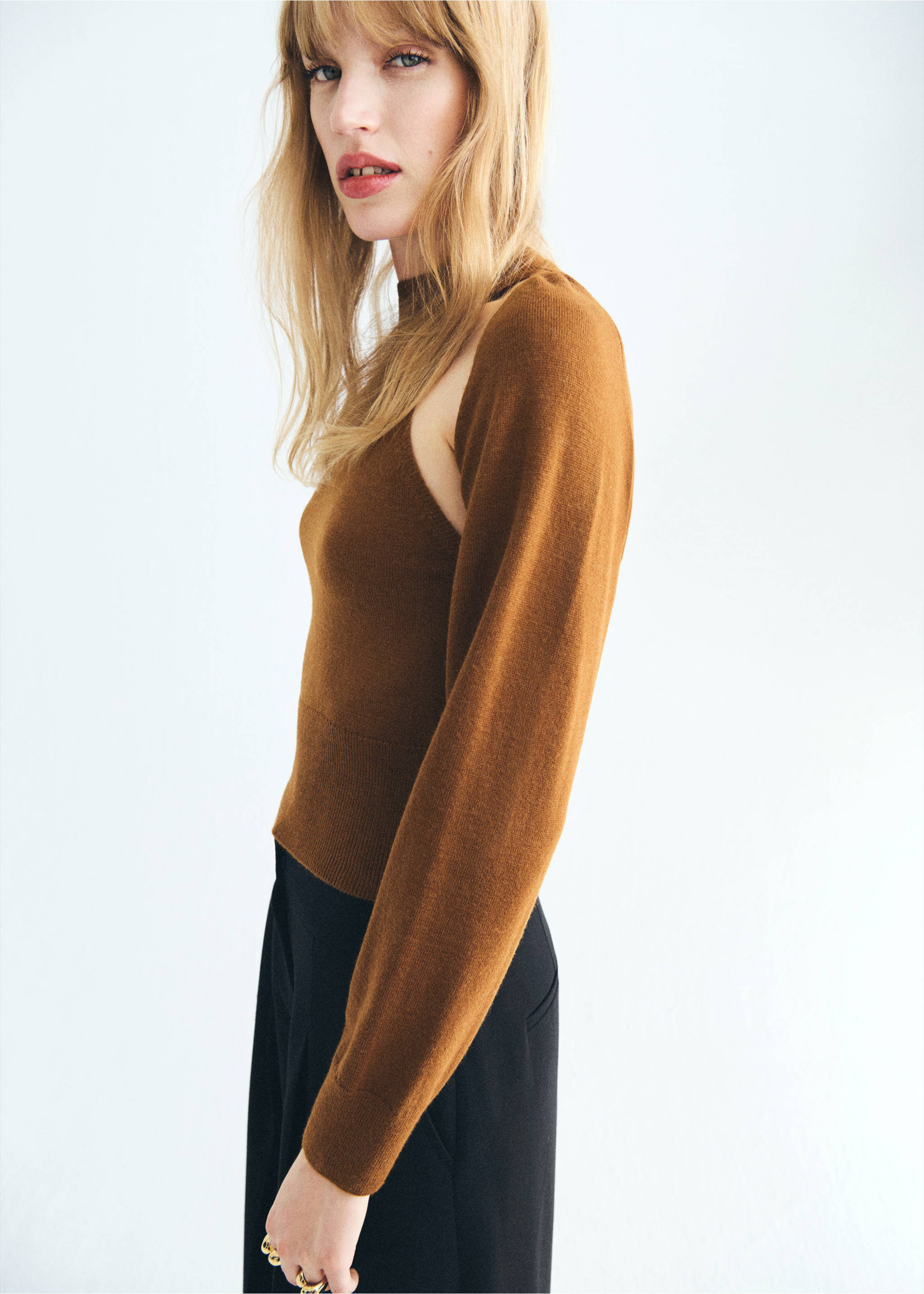 Sweater with cardigan-style detailing - Details of the article 1, Medium Brown. Ref: 17005835-00.