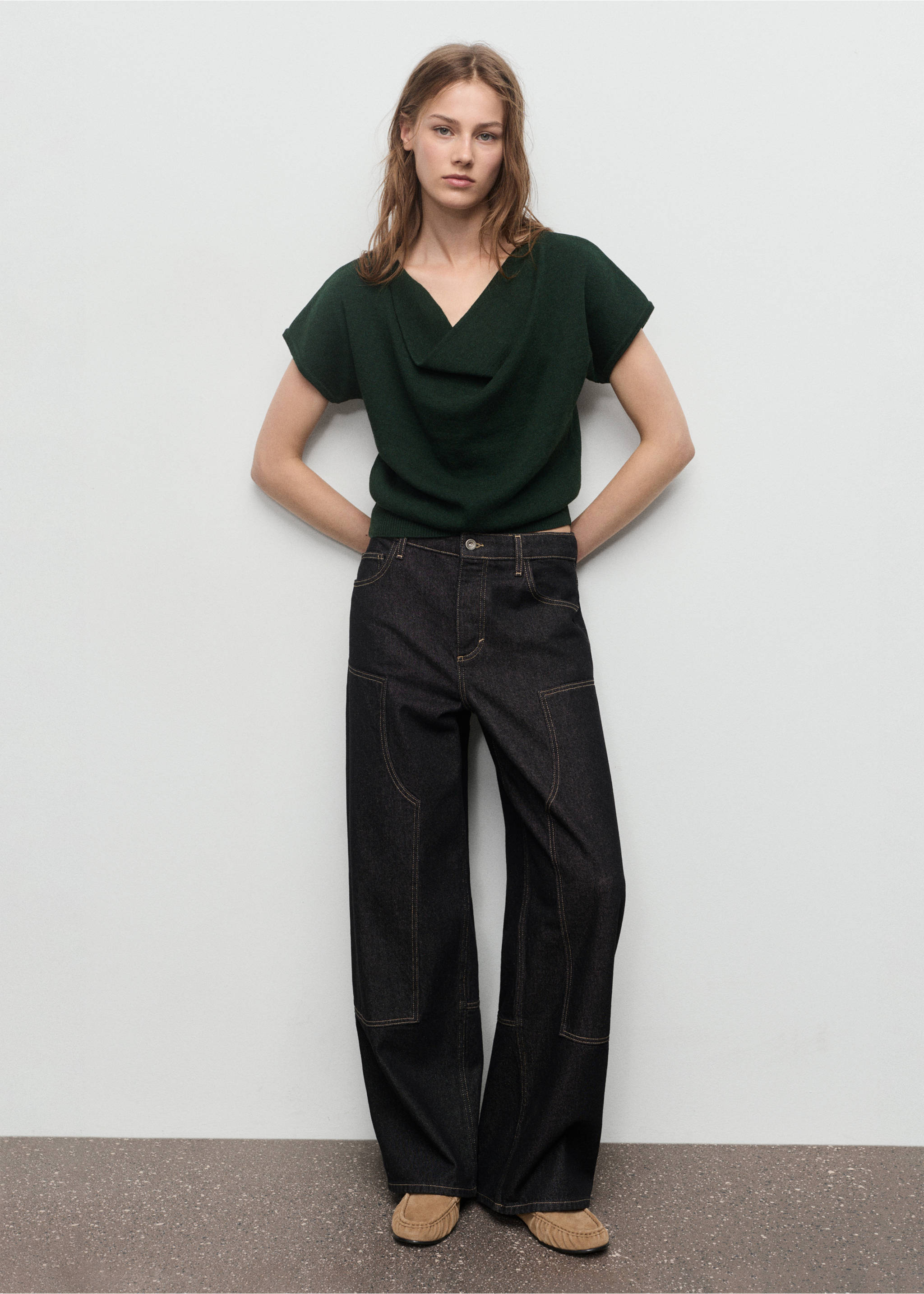Short-sleeved top with draped neckline - General plane, Dark Green. Ref: 17005842-00.