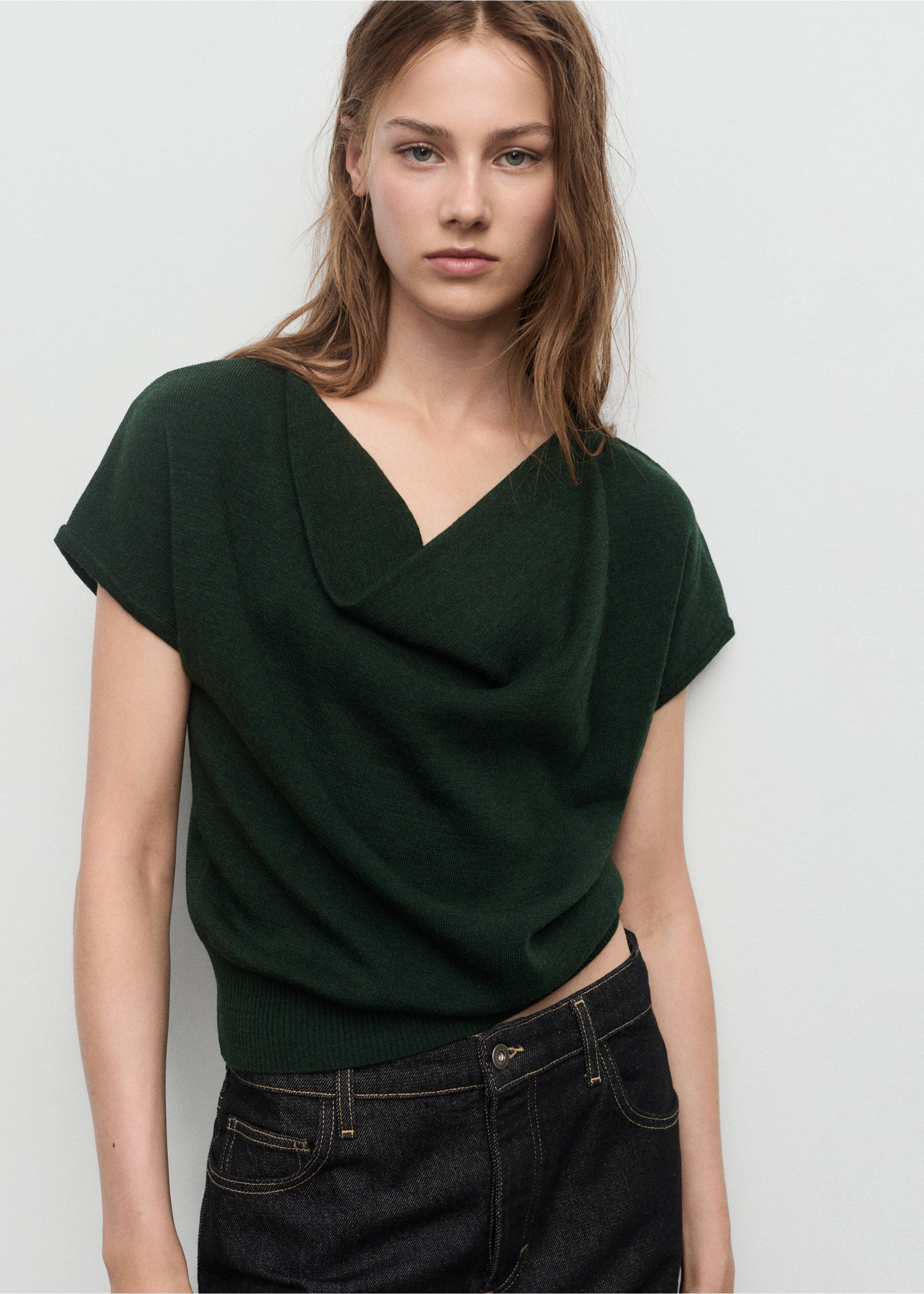 Short-sleeved top with draped neckline - Medium plane, Dark Green. Ref: 17005842-00.