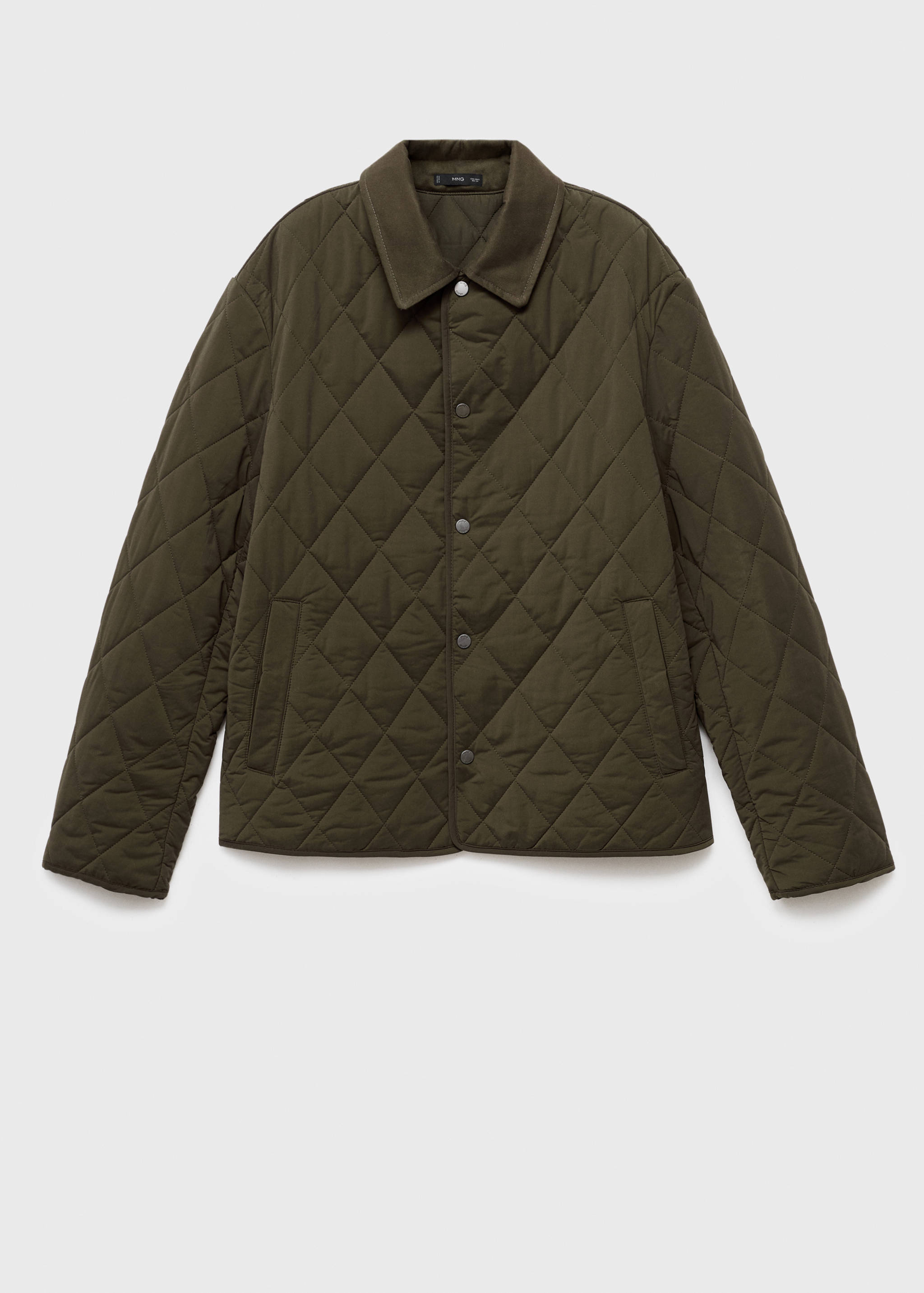 Dark khaki green quilted jacket with a pointed collar and snap buttons.