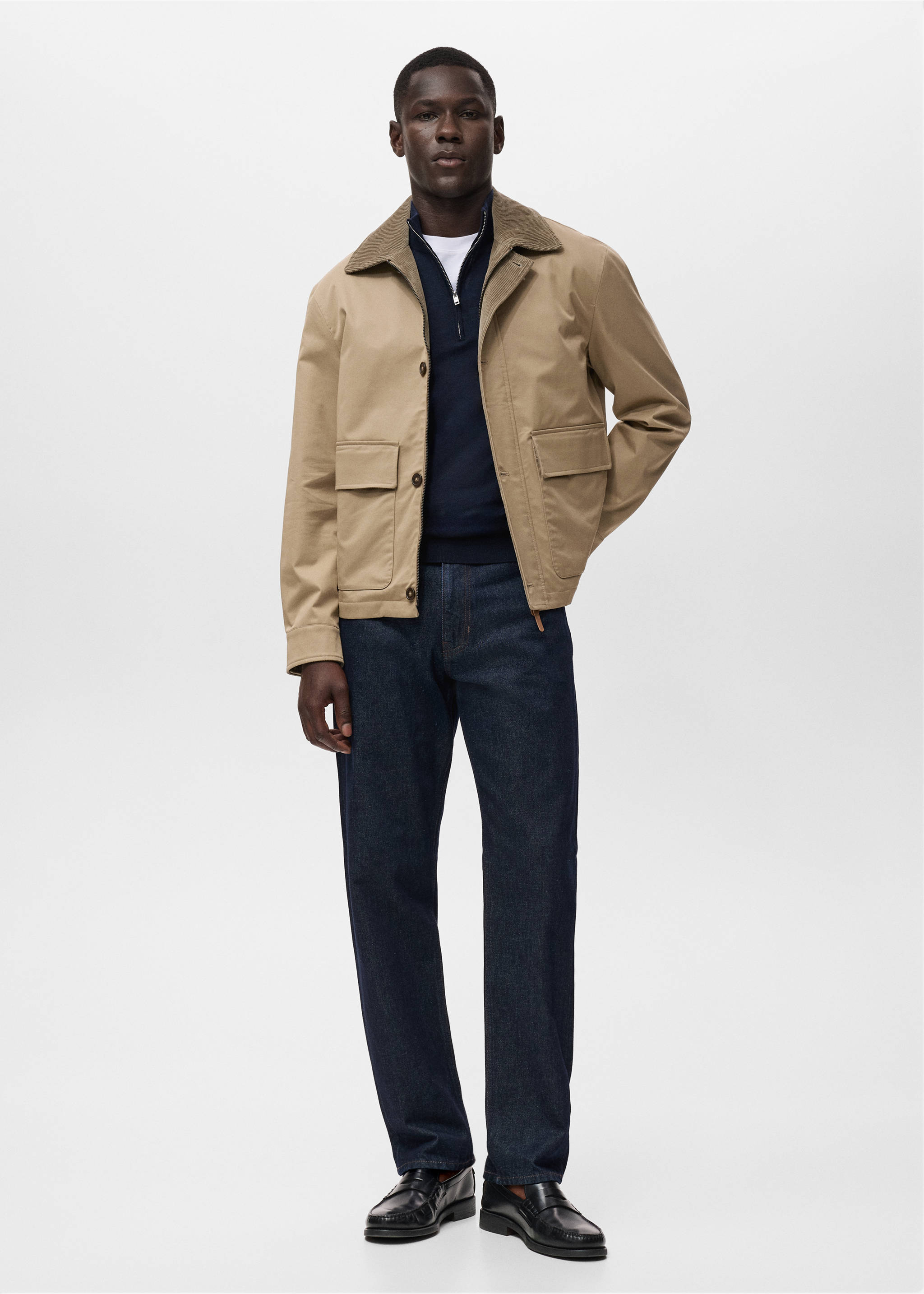 Water-repellent jacket with corduroy collar - General plane, Beige. Ref: 17005973-00.