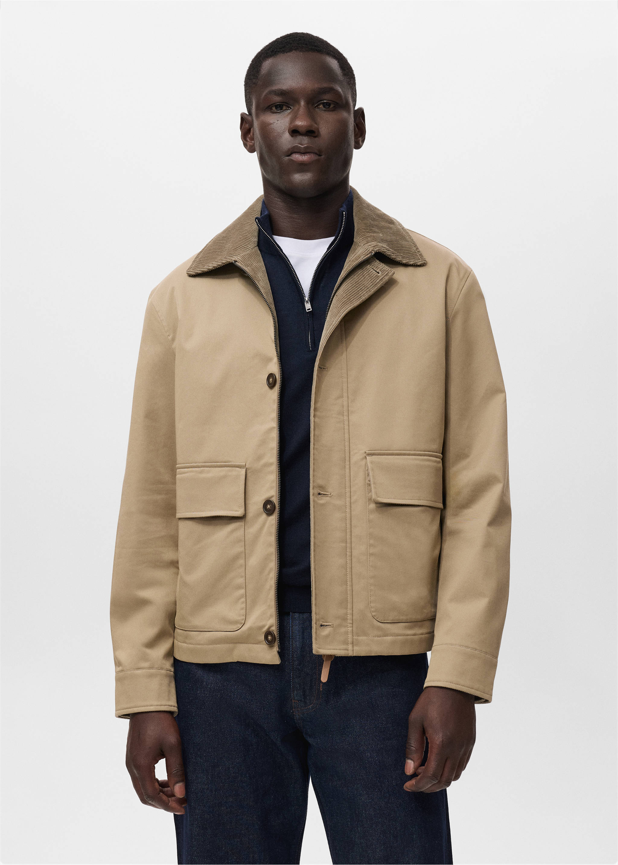 Water-repellent jacket with corduroy collar - Medium plane, Beige. Ref: 17005973-00.