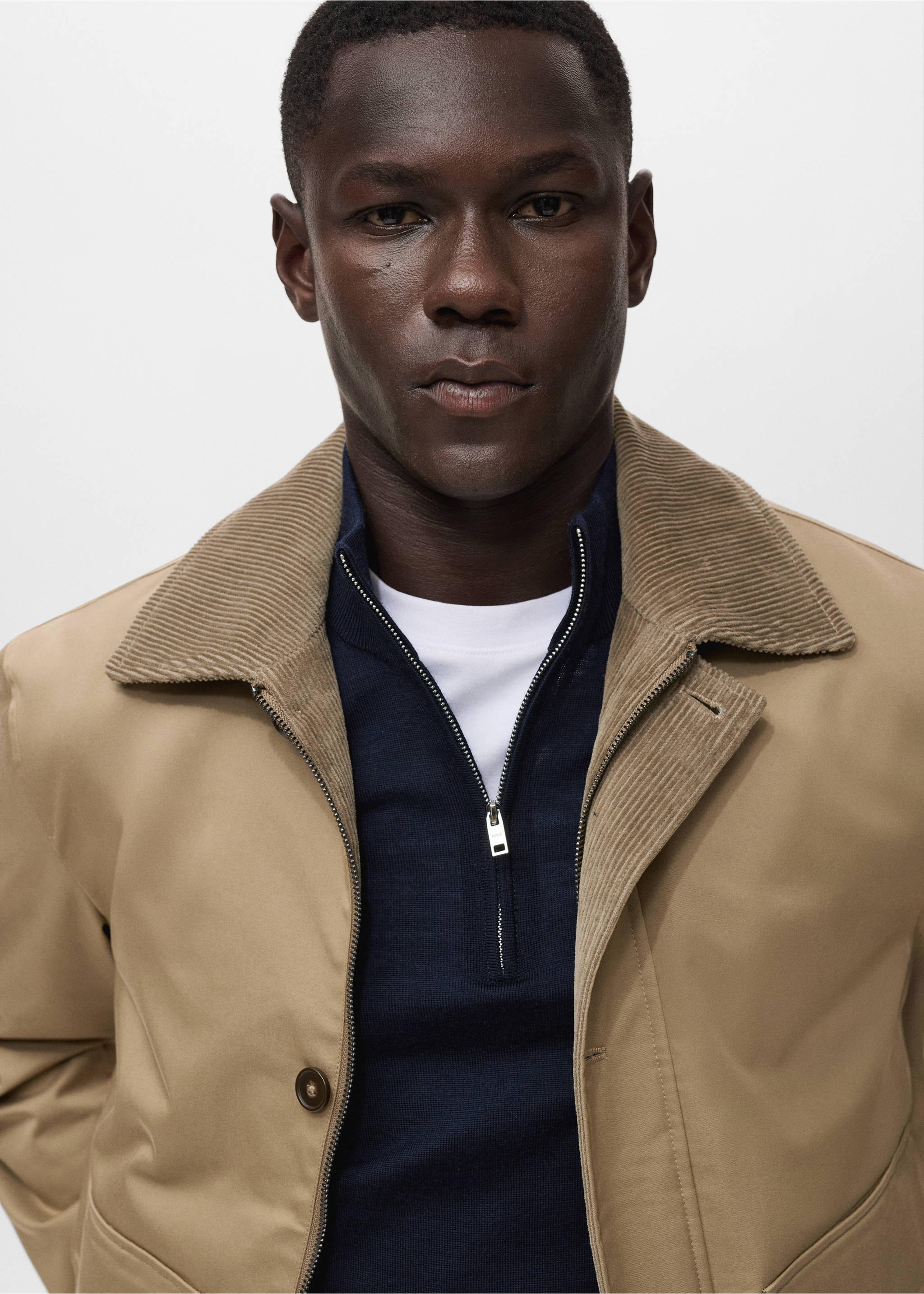 Water-repellent jacket with corduroy collar - Details of the article 1, Beige. Ref: 17005973-00.