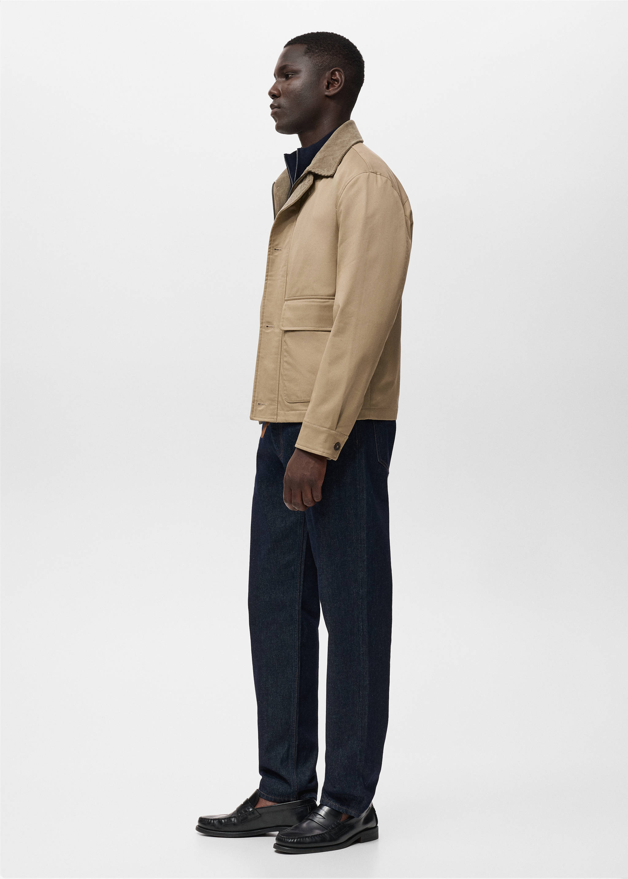 Water-repellent jacket with corduroy collar - Details of the article 2, Beige. Ref: 17005973-00.