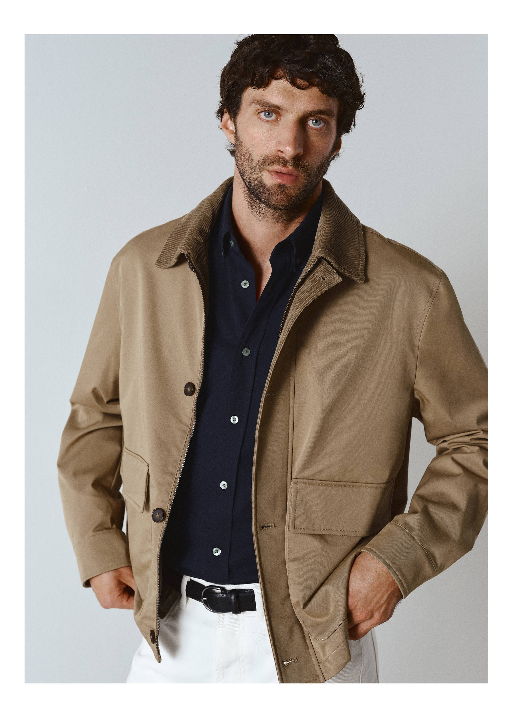 Water-repellent jacket with corduroy collar - Details of the article 3, Beige. Ref: 17005973-00.