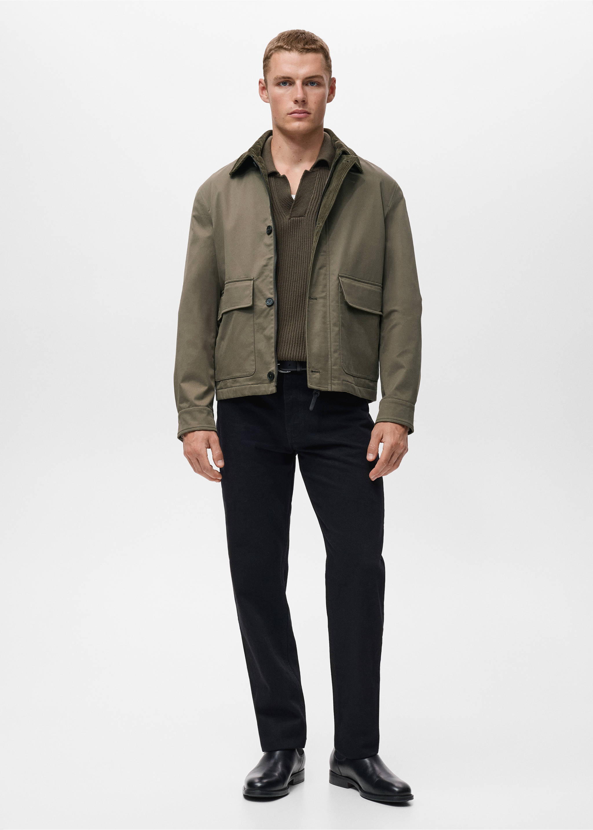Water-repellent jacket with corduroy collar - General plane, Olive Green. Ref: 17005973-00.