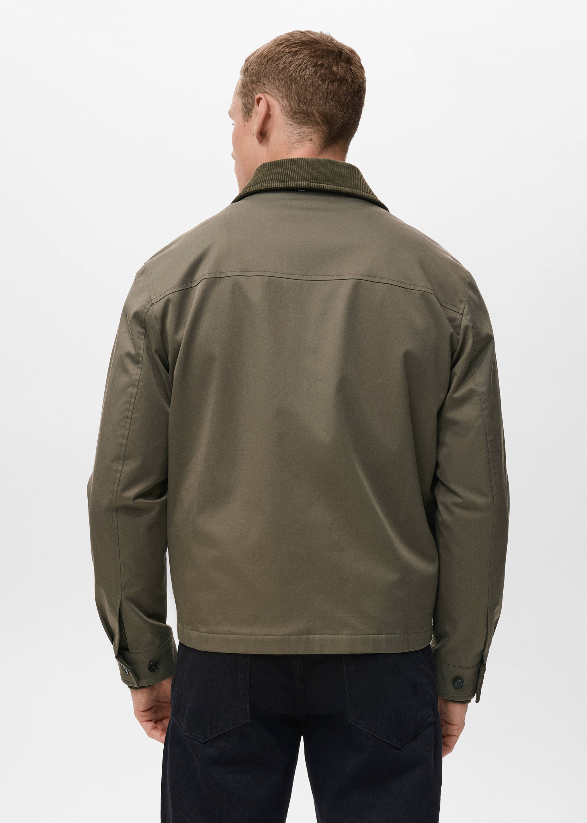 Water-repellent jacket with corduroy collar - Reverse of the article, Olive Green. Ref: 17005973-00.