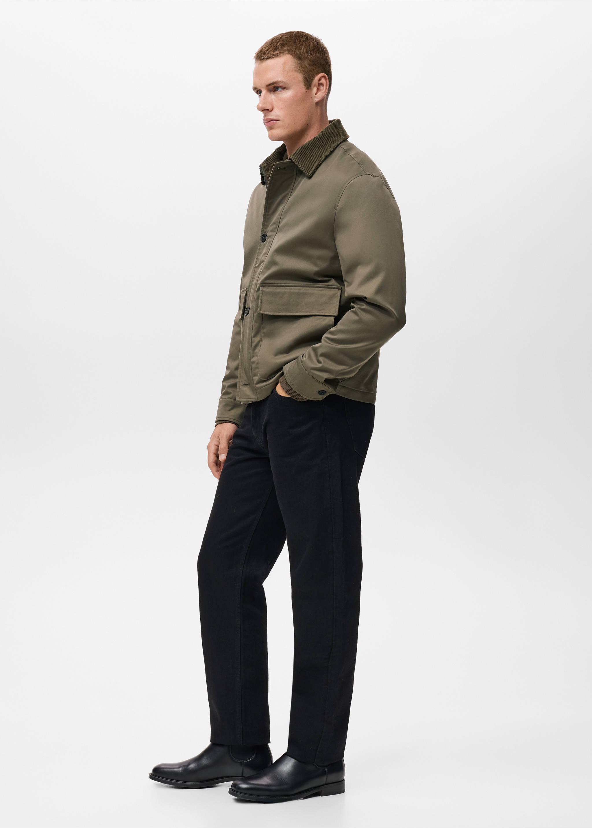 Water-repellent jacket with corduroy collar - Details of the article 2, Olive Green. Ref: 17005973-00.