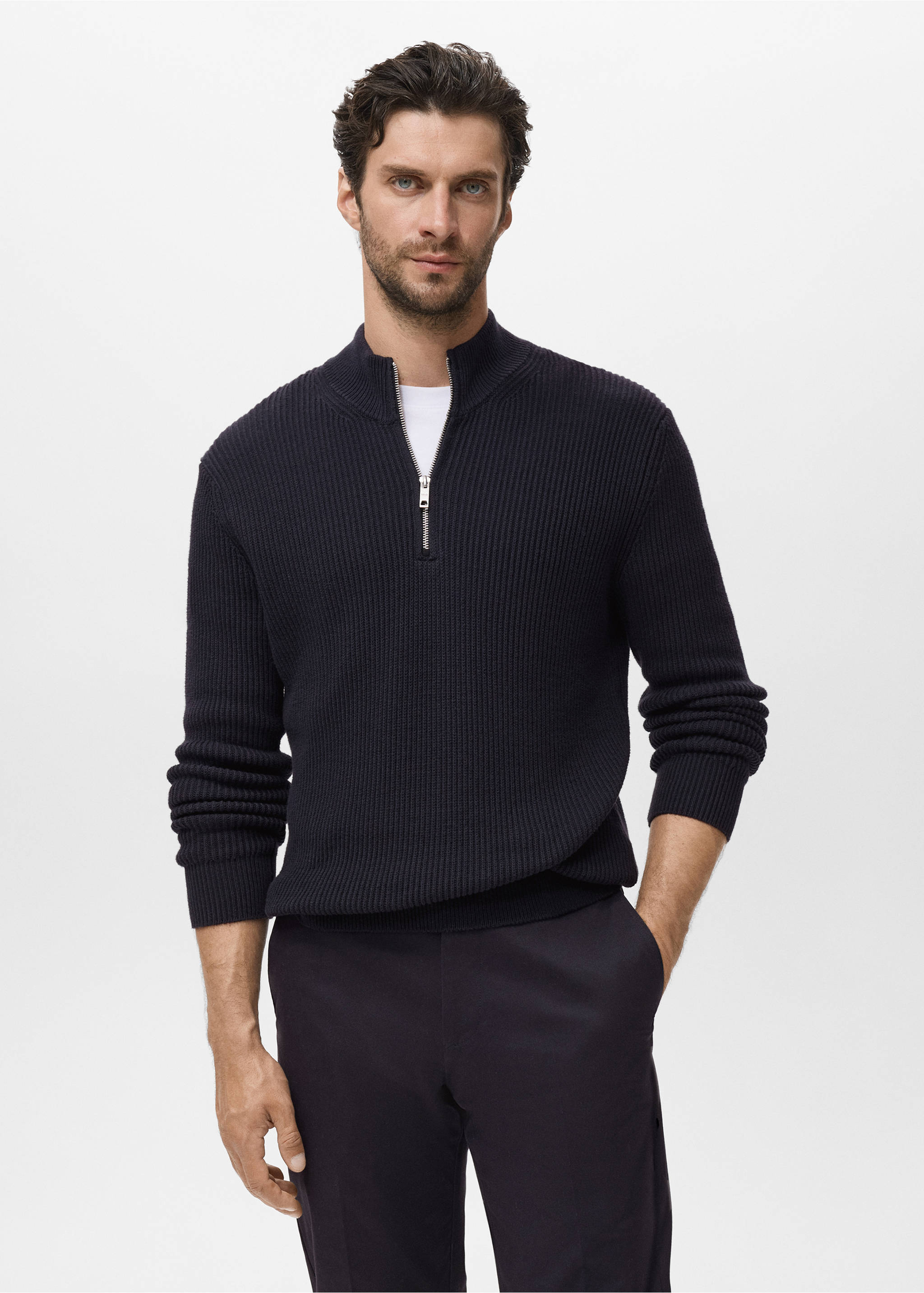 100% cotton perkins-neck sweater - Medium plane, Navy. Ref: 17005977-00.