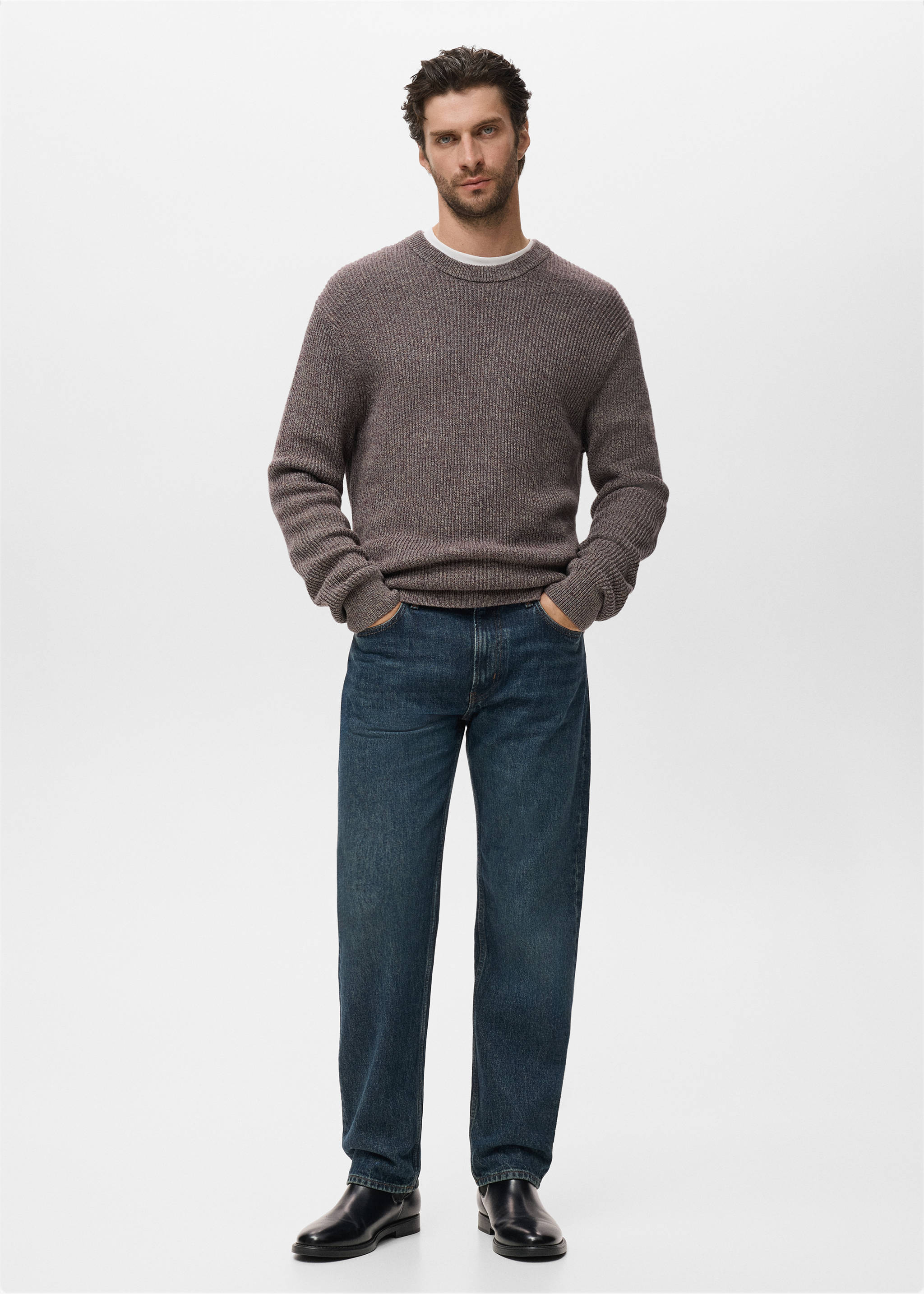 Brown ribbed-knit crew neck jersey worn with blue denim trousers., Wine. Ref: 17005978-00.