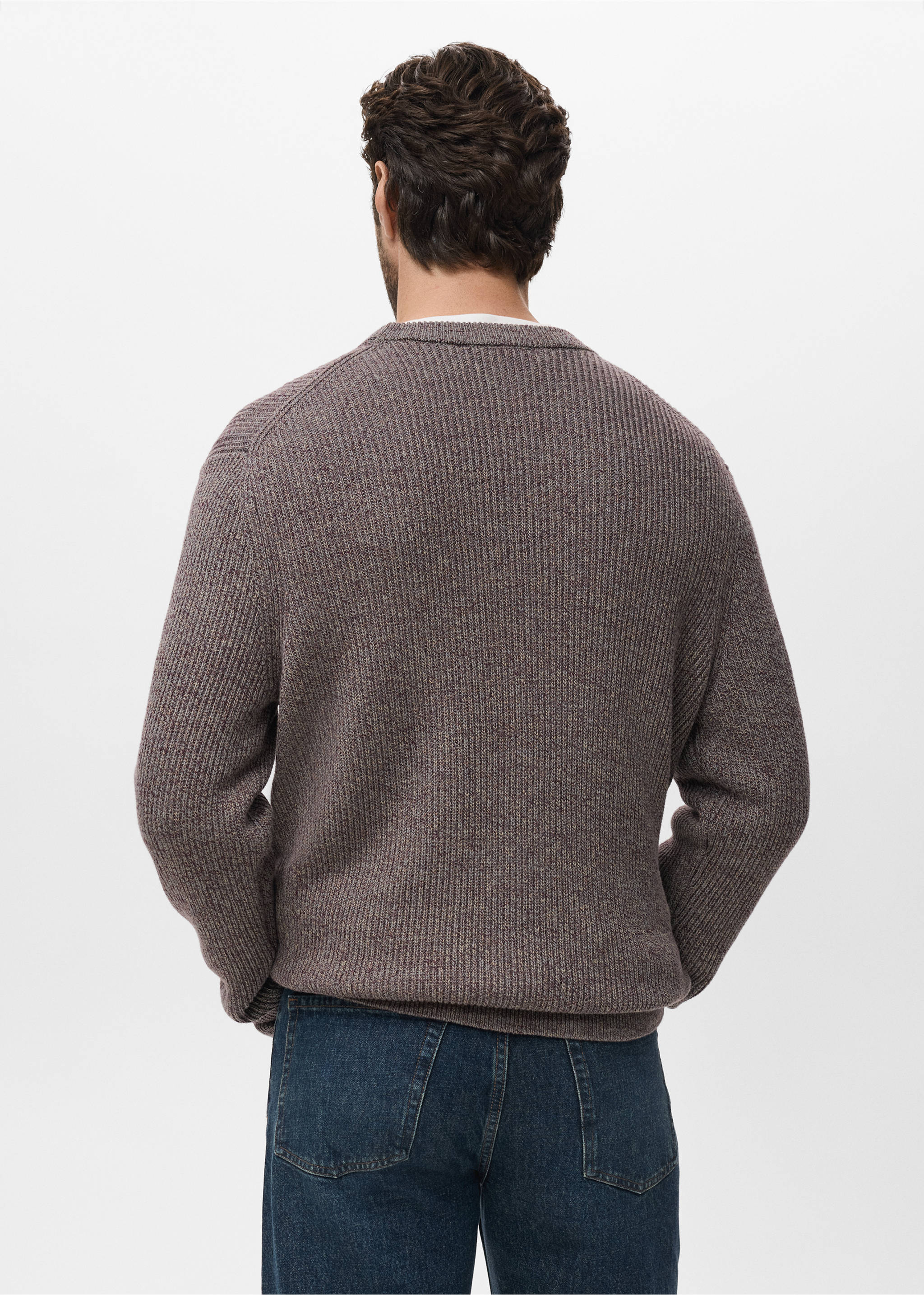 Brown melange knit jersey seen from the back, featuring a crew neck and long sleeves., Wine. Ref: 17005978-00.