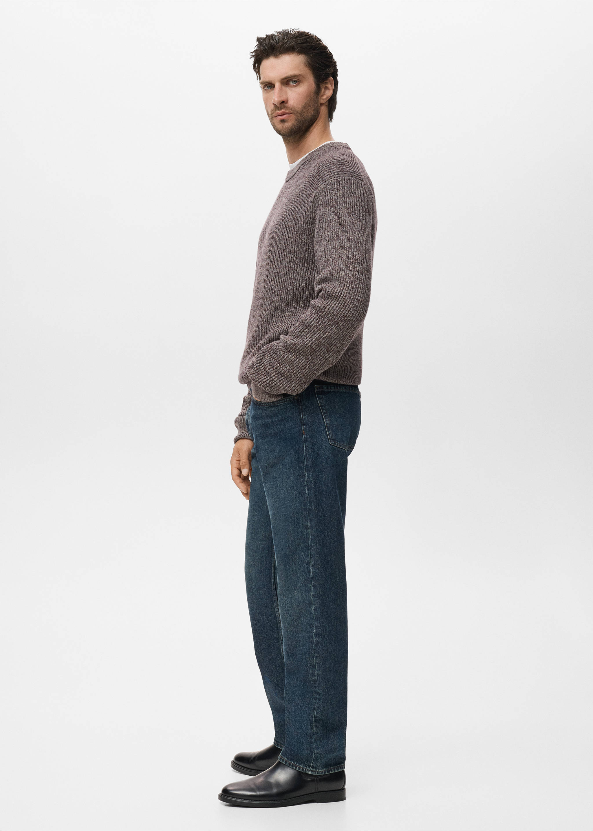 Mauve ribbed-knit crew-neck sweater with long sleeves., Wine. Ref: 17005978-00.