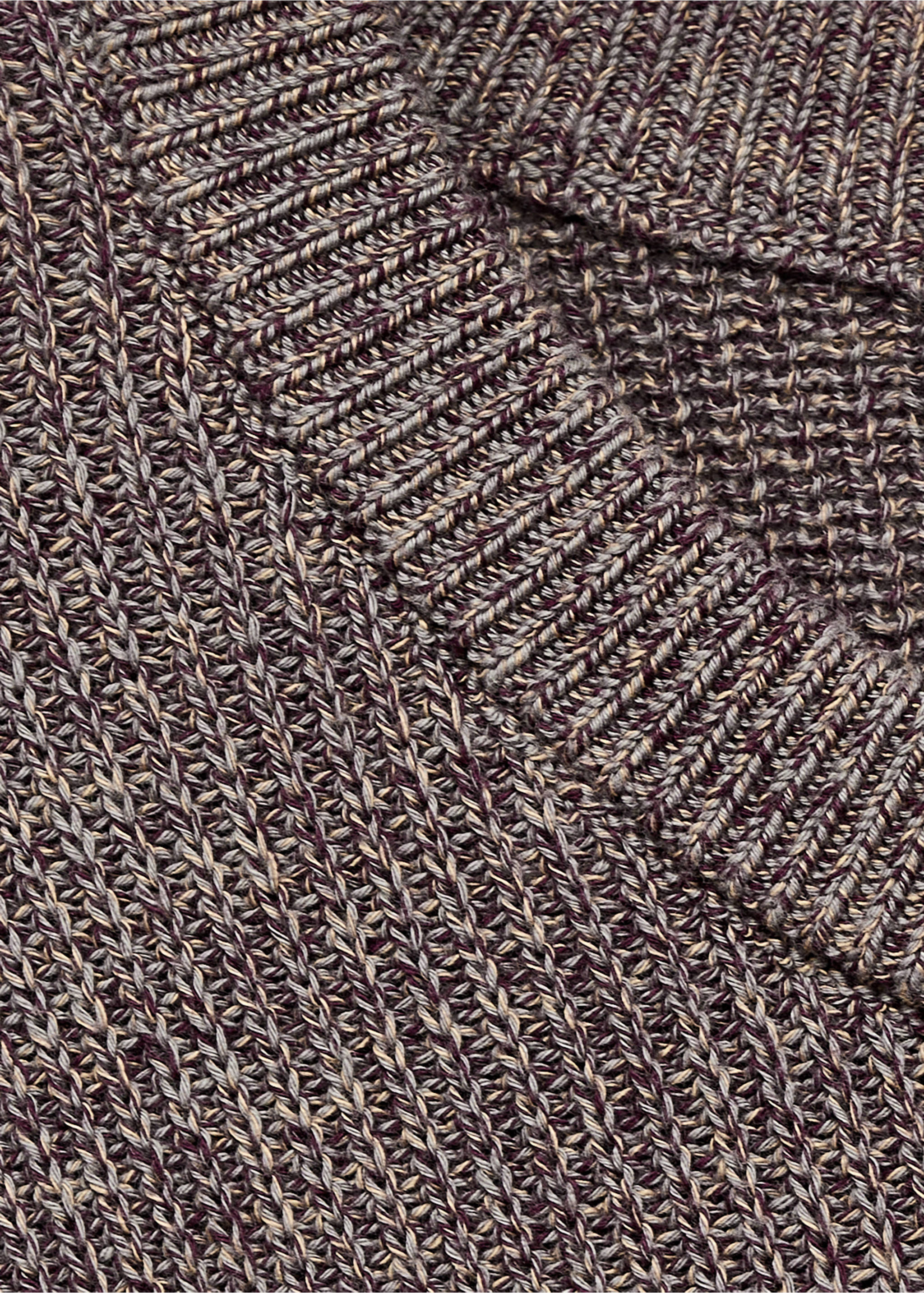 Close-up of a textured grey and burgundy knitted jersey with a ribbed V-neck., Wine. Ref: 17005978-00.