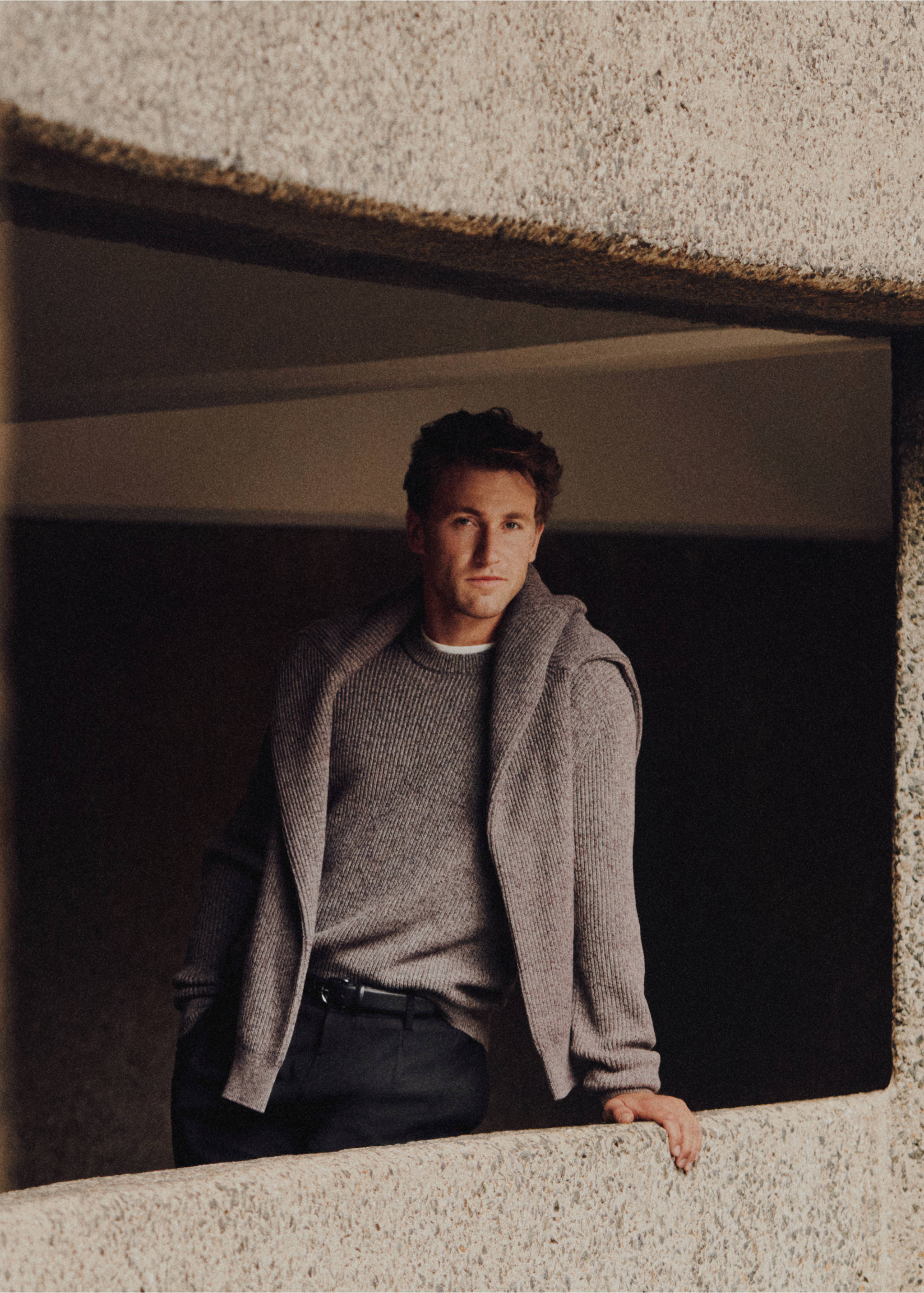 Ribbed grey knit jersey worn with a matching jersey draped over the shoulders., Wine. Ref: 17005978-00.