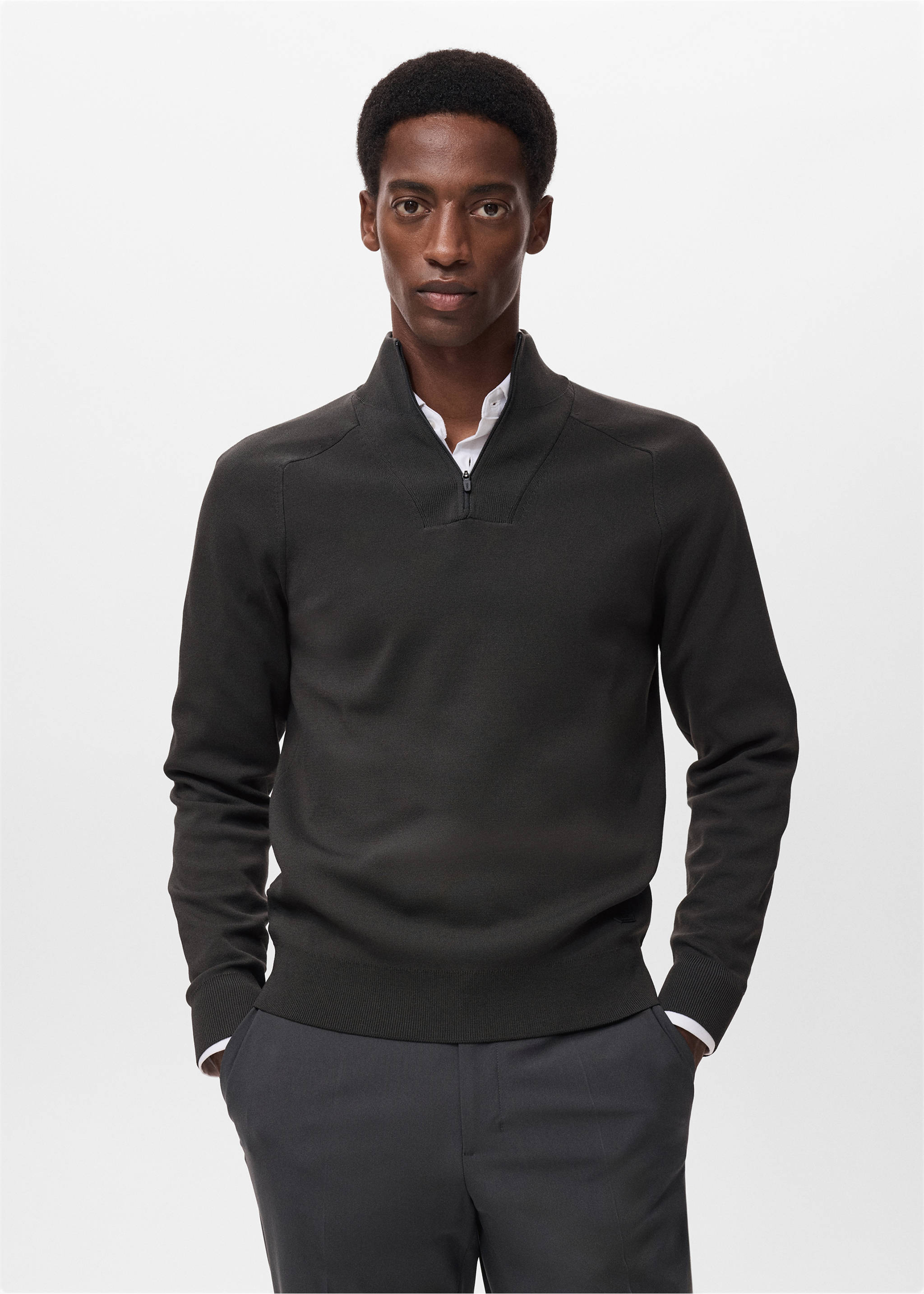 Dark grey knitted jersey with a zip funnel neck and ribbed trims., Dark Green. Ref: 17005979-00.