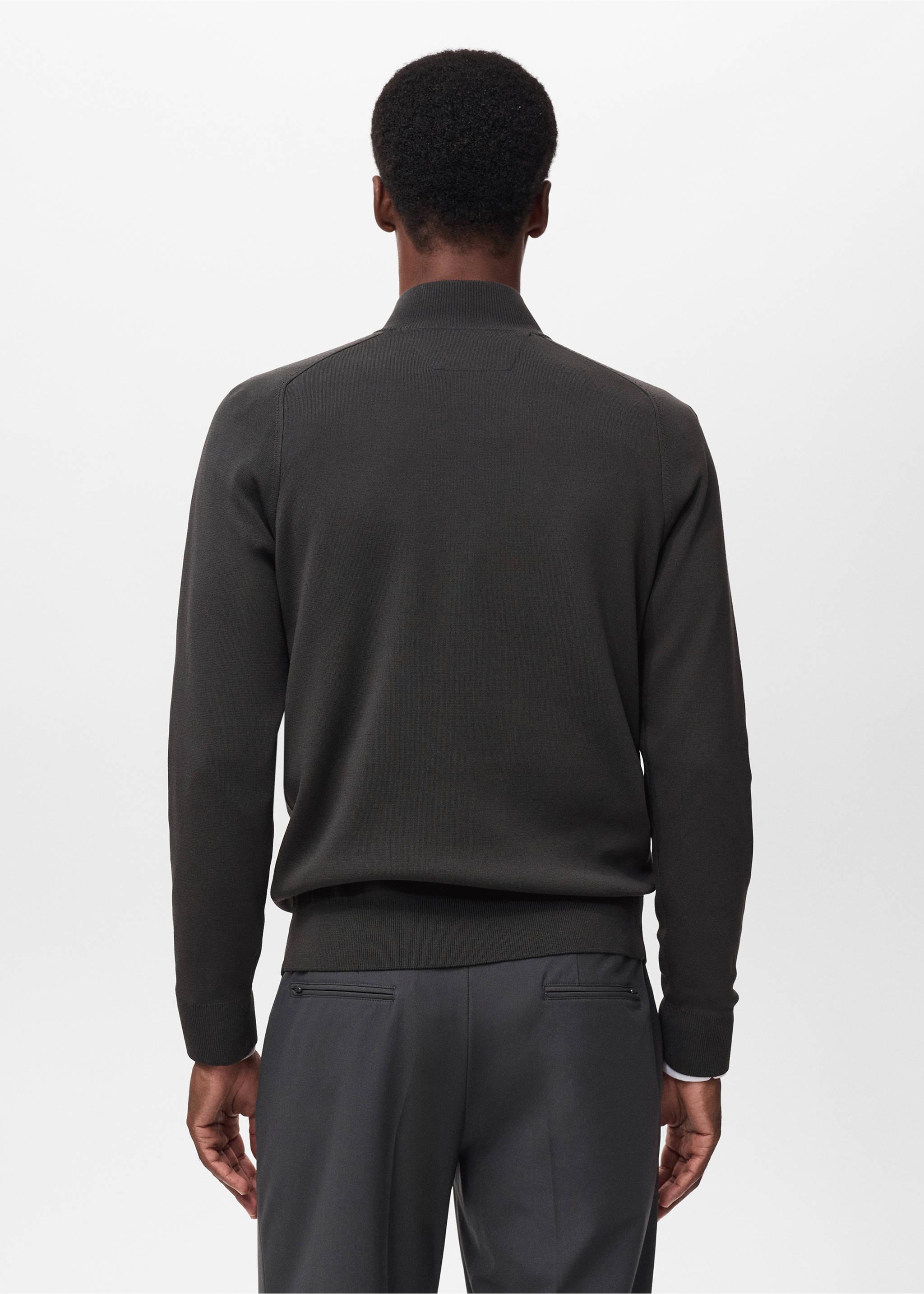 Dark grey knit jersey from the back, featuring a ribbed stand-up collar., Dark Green. Ref: 17005979-00.