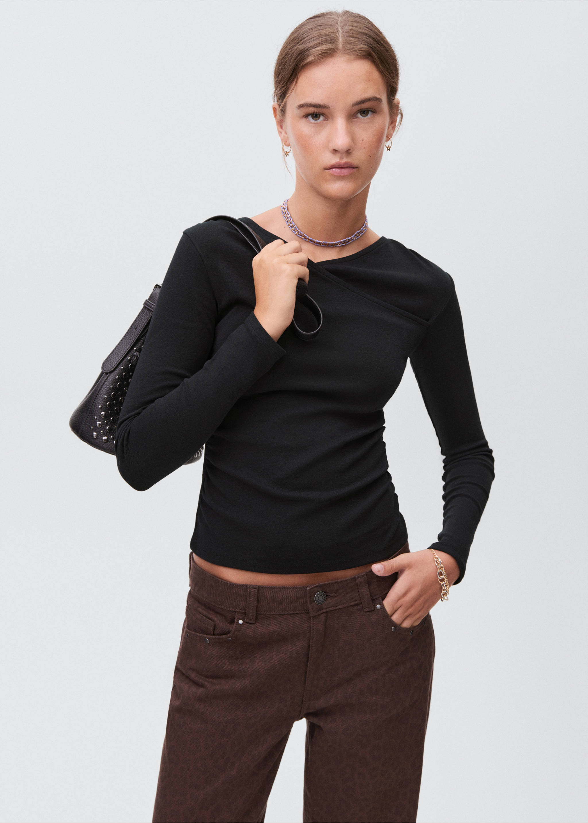 Gathered cotton t-shirt - Medium plane, Black. Ref: 17006352-00.