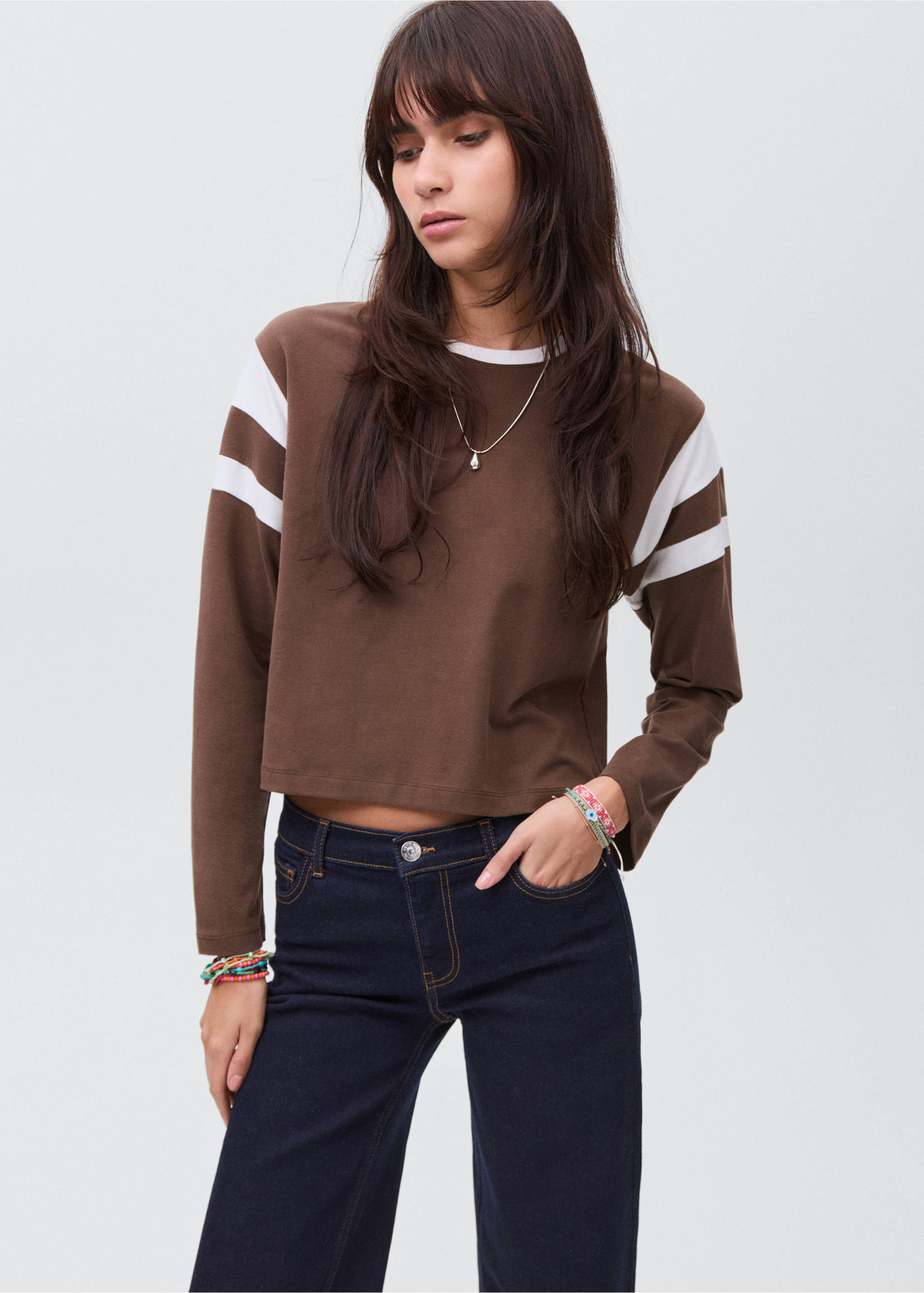 Contrasting collar cotton t-shirt - Medium plane, Brown. Ref: 17006357-00.