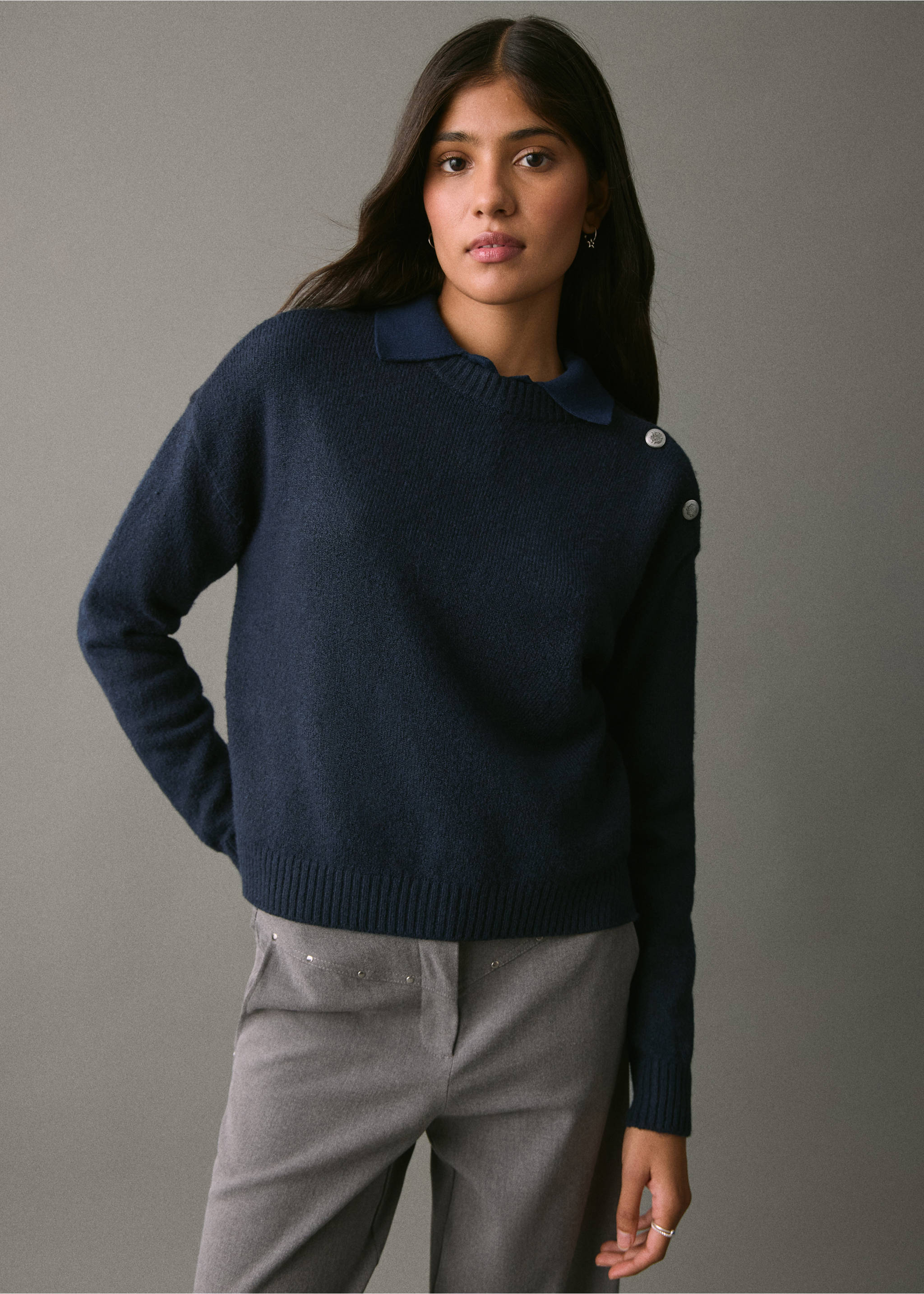 Buttons detail knit sweater - Medium plane, Navy. Ref: 17007133-00.