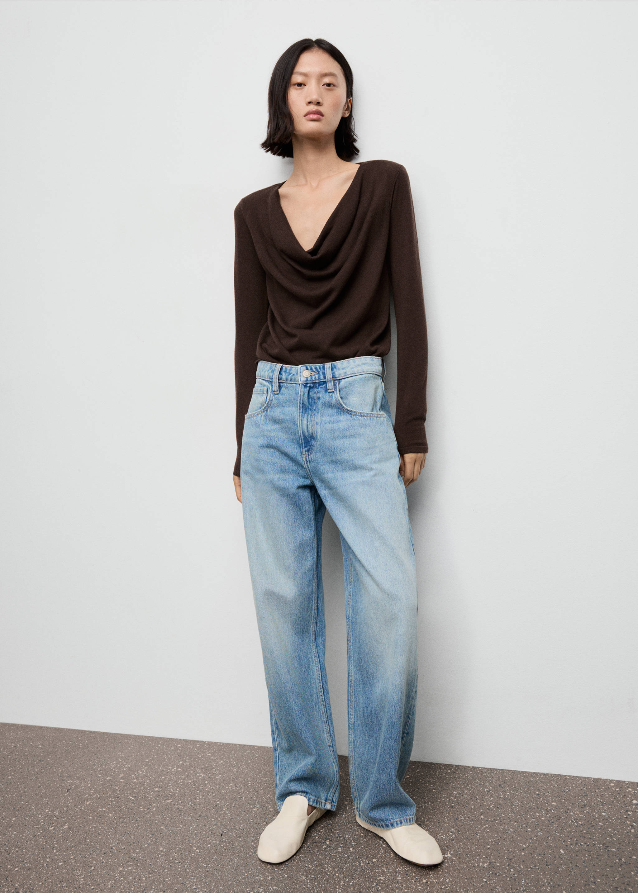 Brown jersey with a draped cowl neckline worn with light-blue jeans., Chocolate. Ref: 17007803-00.