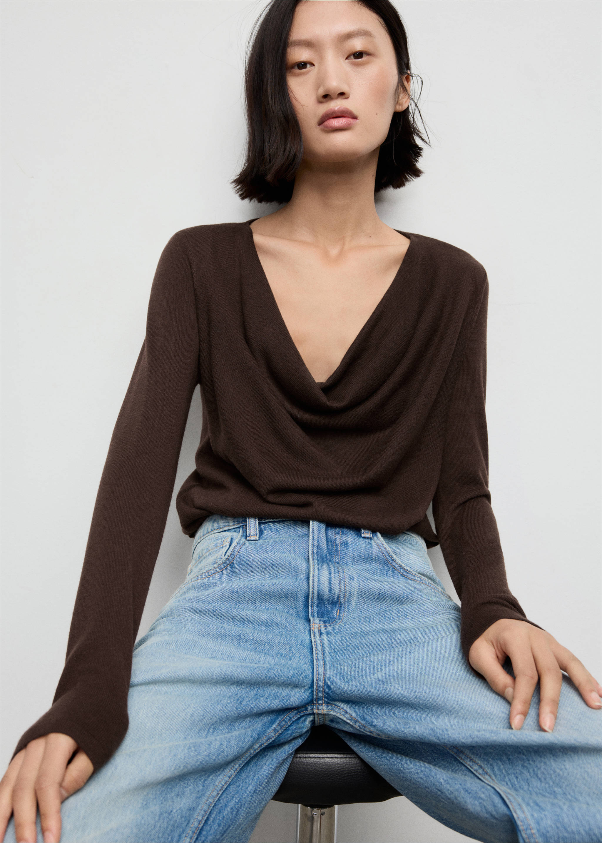 Dark brown long-sleeved jersey with a draped cowl neck., Chocolate. Ref: 17007803-00.