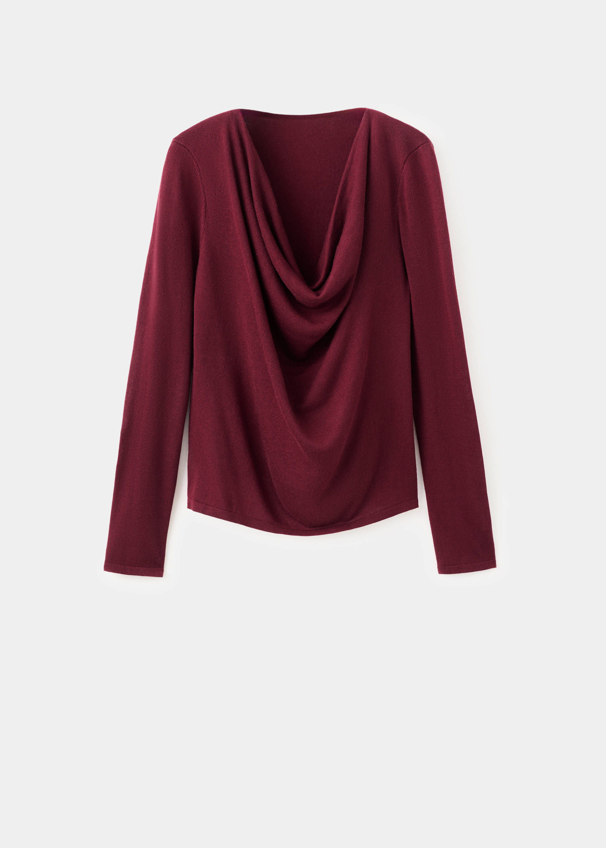 Dark red jersey sweater with long sleeves and a draped cowl neck.