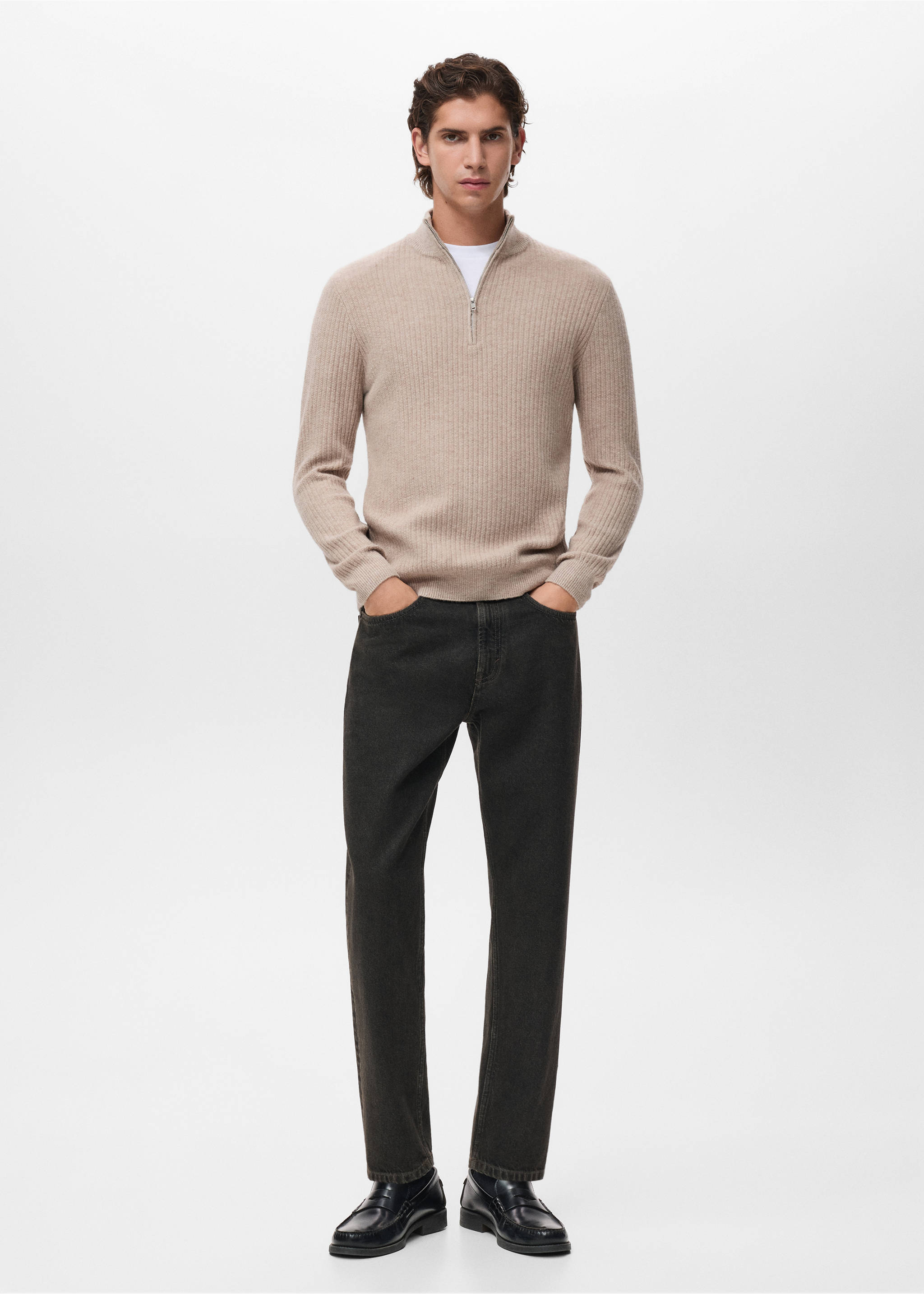Ribbed sweater with zip neck - General plane, Sand. Ref: 17007899-00.