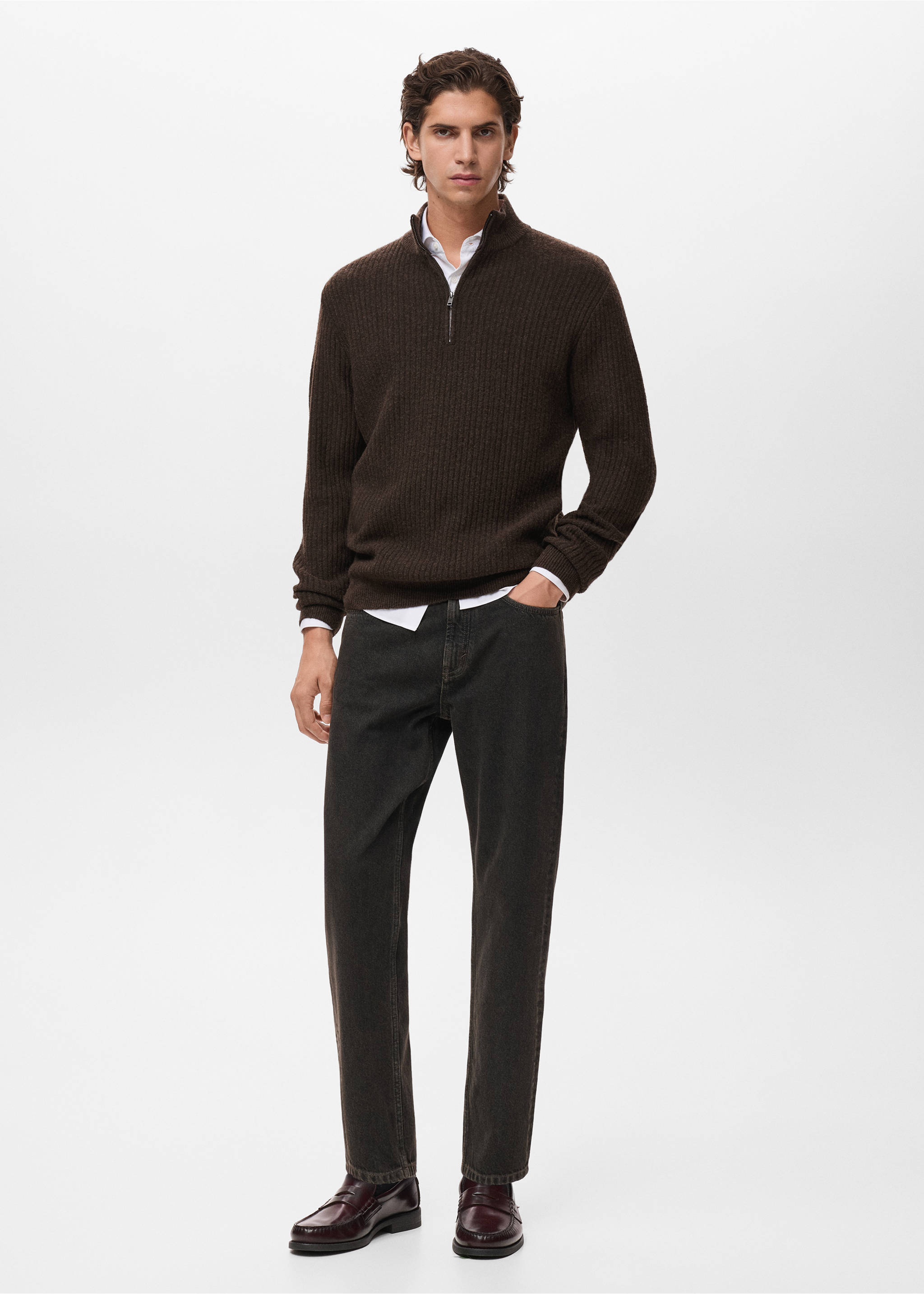 Ribbed sweater with zip neck - General plane, Brown. Ref: 17007899-00.