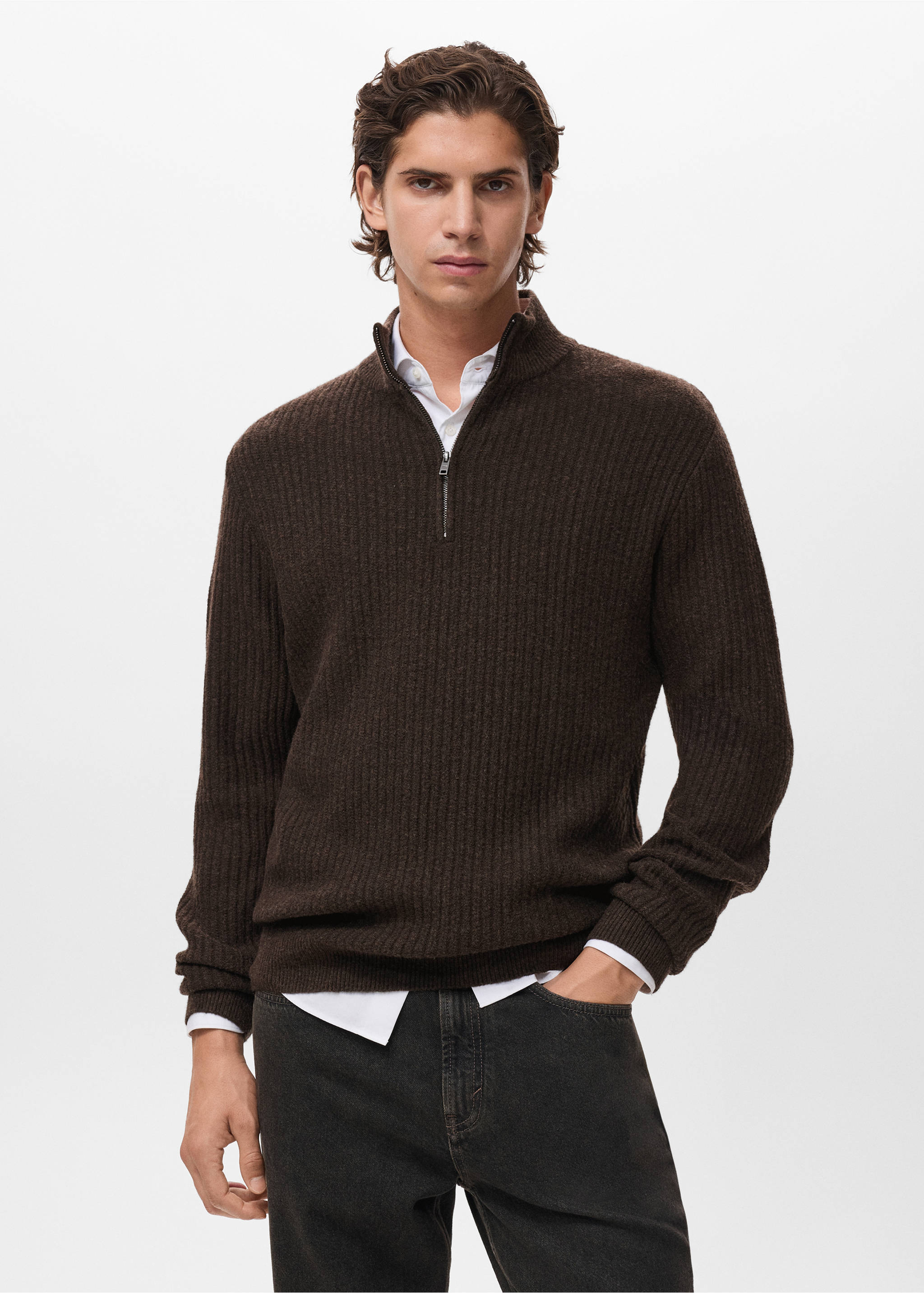 Ribbed sweater with zip neck - Medium plane, Brown. Ref: 17007899-00.