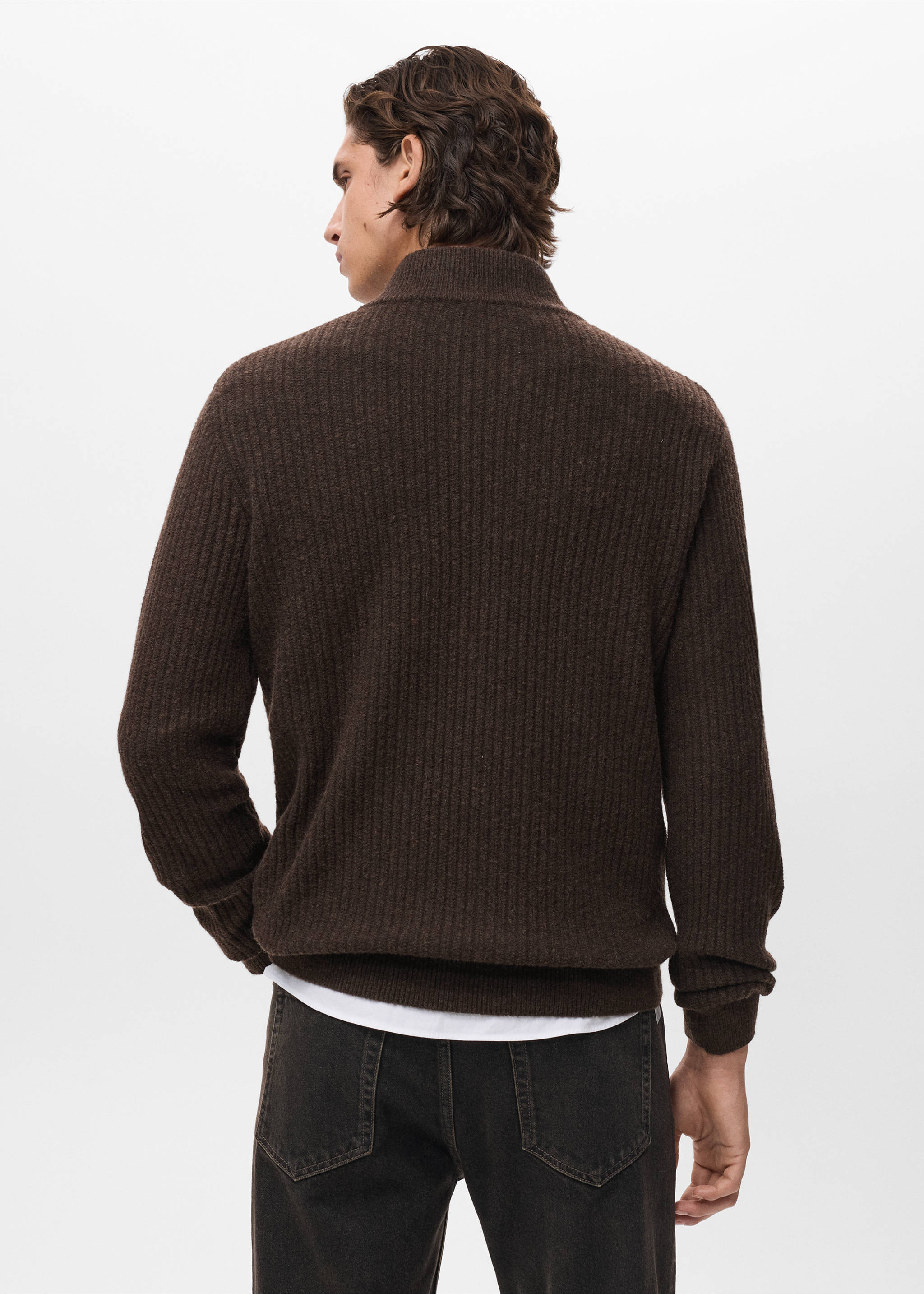 Ribbed sweater with zip neck - Reverse of the article, Brown. Ref: 17007899-00.