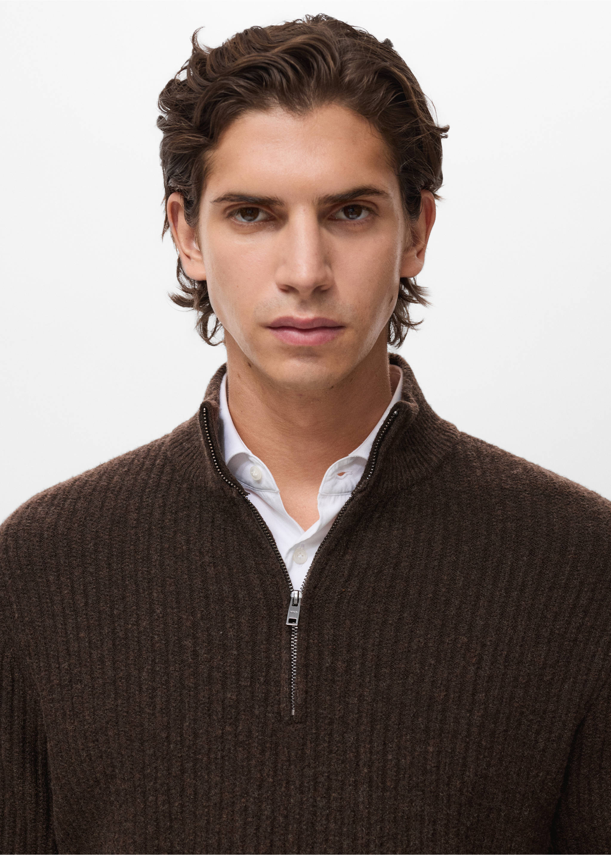 Ribbed sweater with zip neck - Details of the article 1, Brown. Ref: 17007899-00.