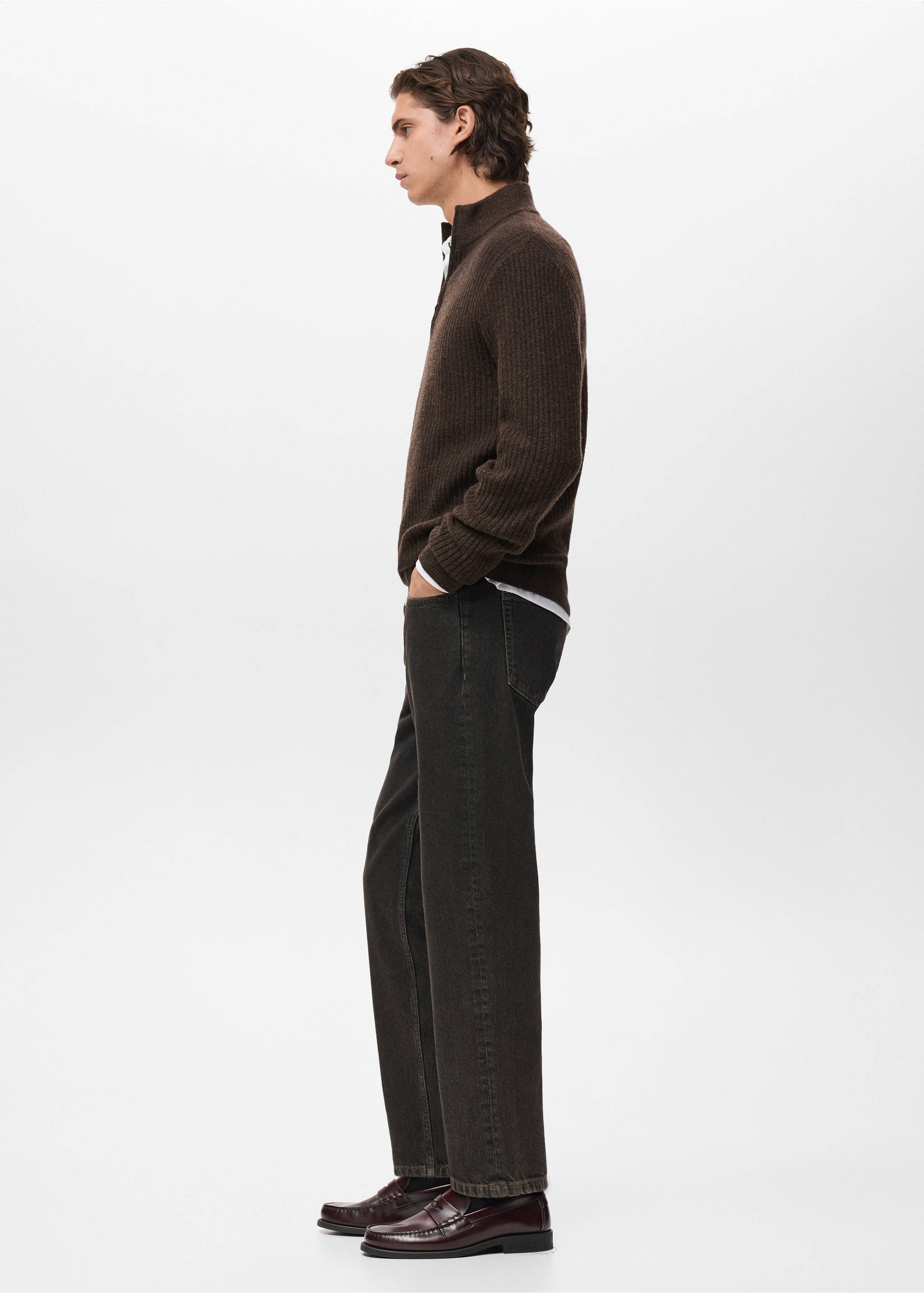 Ribbed sweater with zip neck - Details of the article 2, Brown. Ref: 17007899-00.
