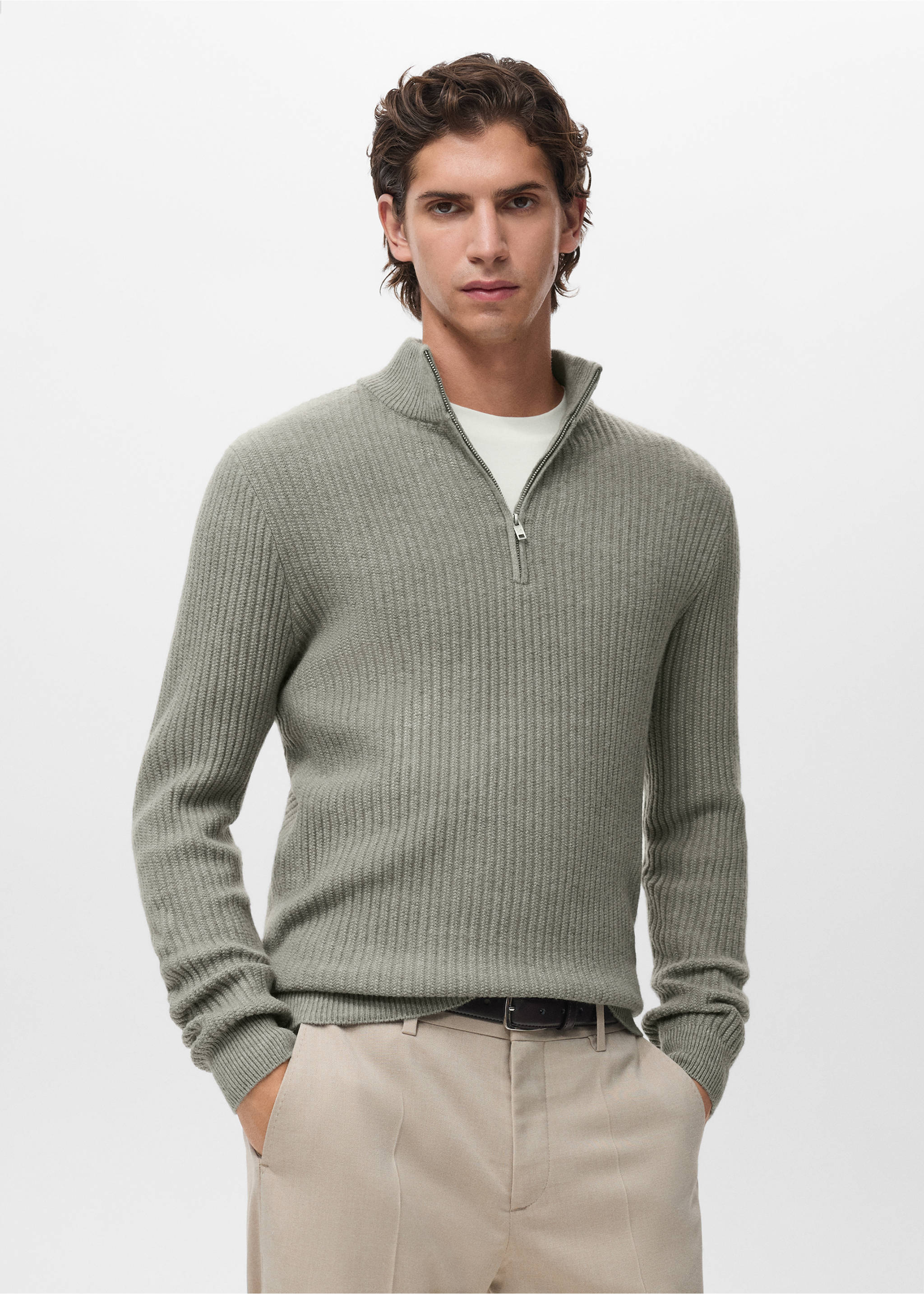 Ribbed sweater with zip neck - Medium plane, Pastel Green. Ref: 17007899-00.