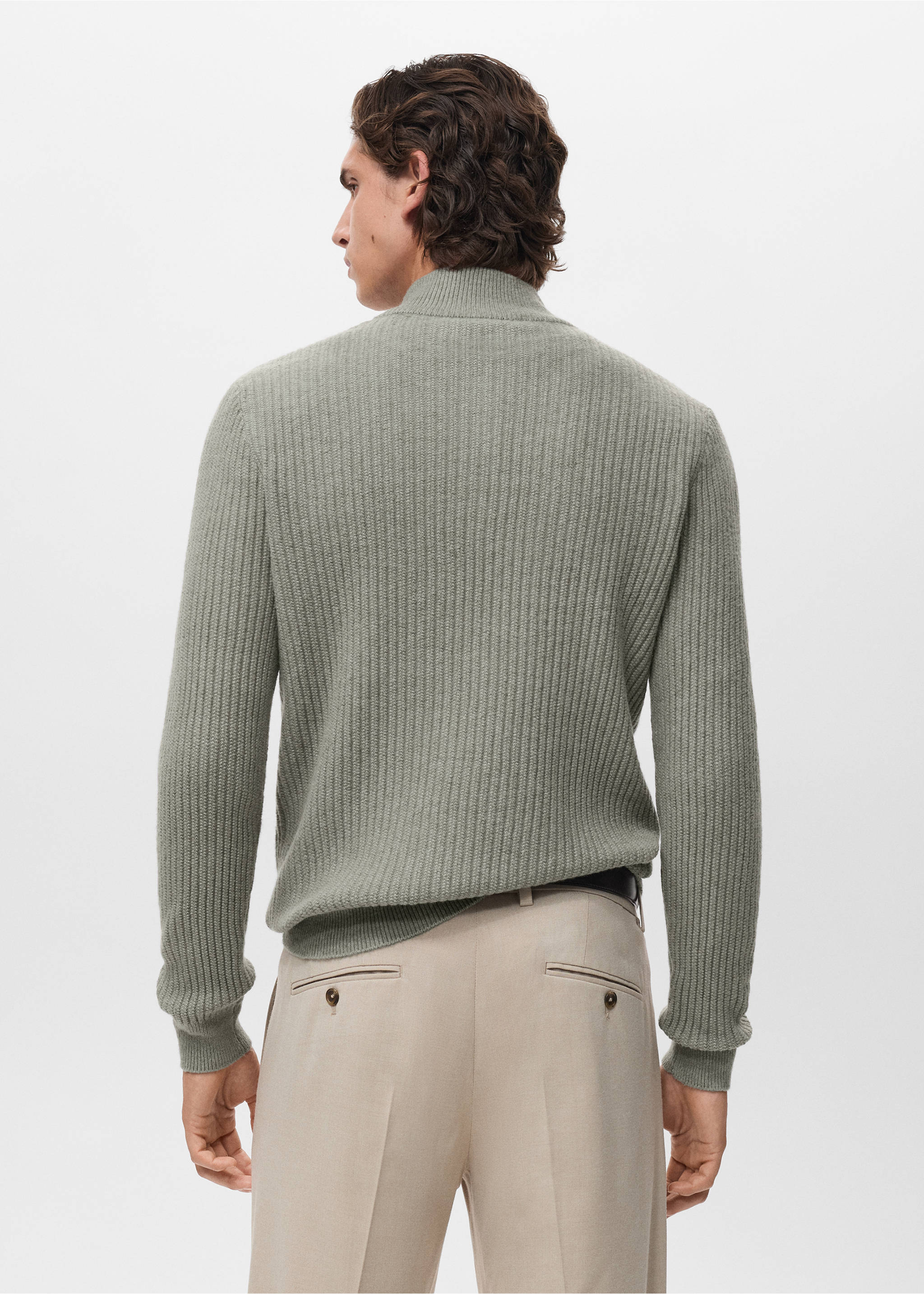 Ribbed sweater with zip neck - Reverse of the article, Pastel Green. Ref: 17007899-00.