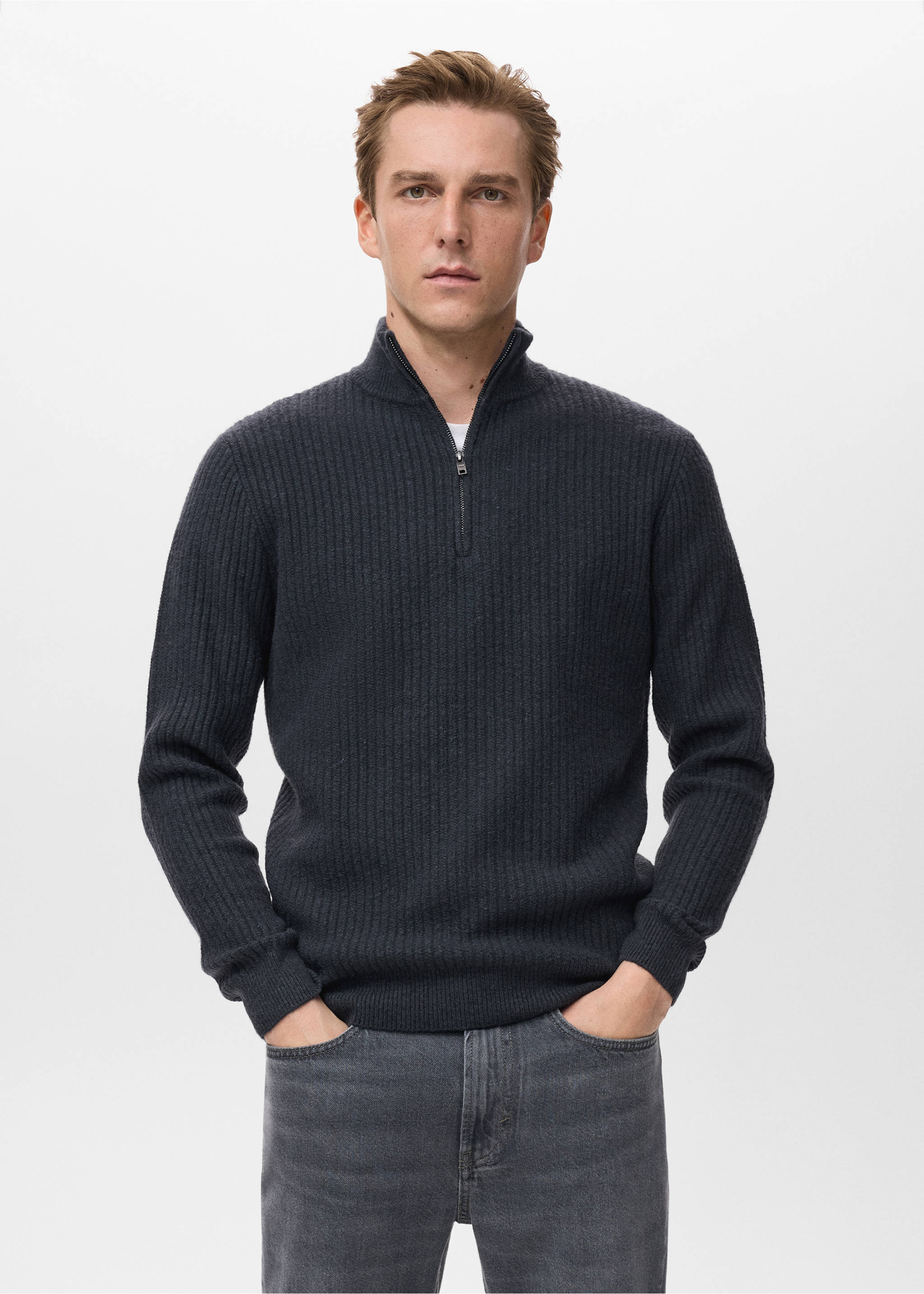 Ribbed sweater with zip neck - Medium plane, Indigo Blue. Ref: 17007899-00.