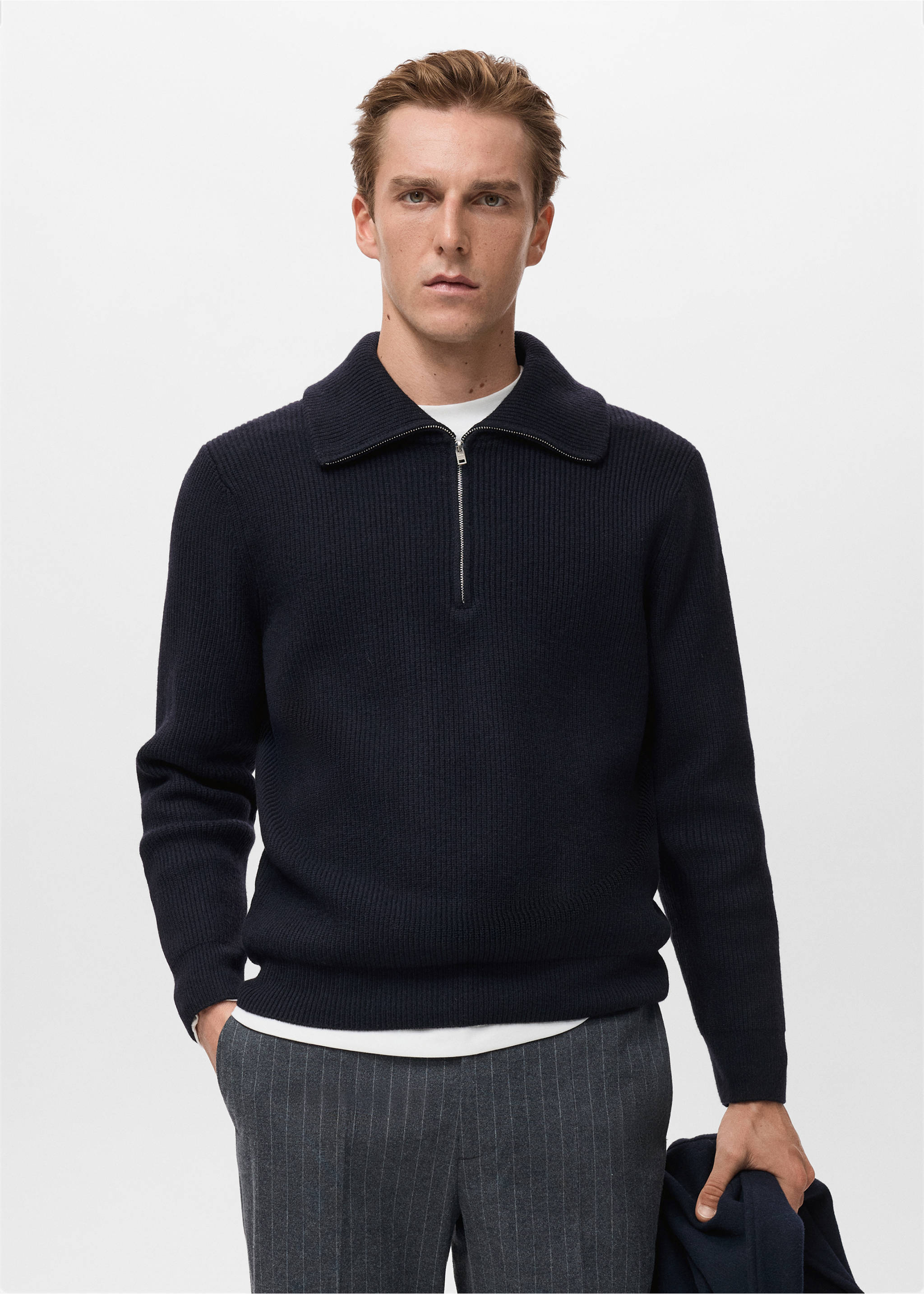 Knitted sweater with zip collar - Medium plane, Navy. Ref: 17007901-00.