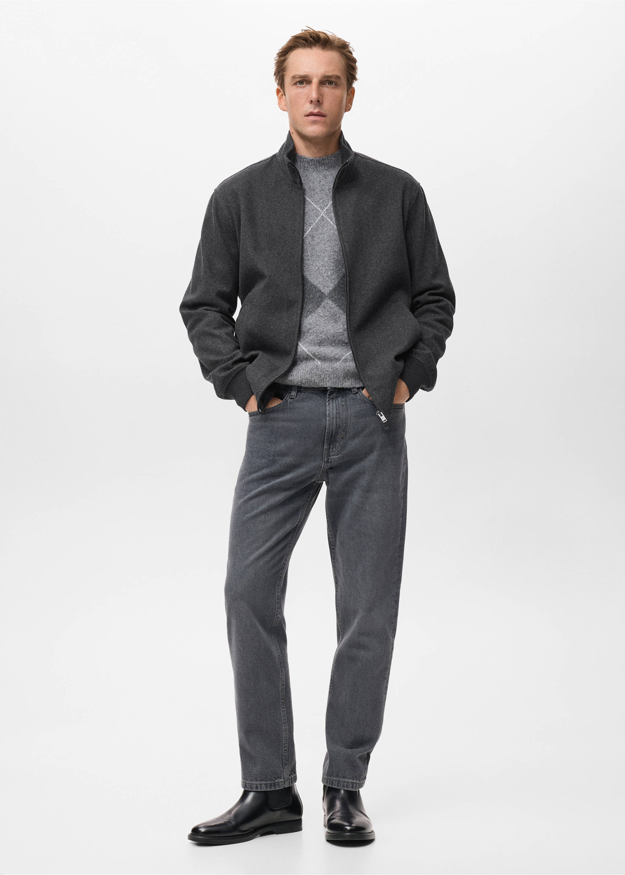 Dark grey zip-up sweatshirt worn with an argyle sweater, grey trousers and black boots., Dark Heather Grey. Ref: 17007903-00.