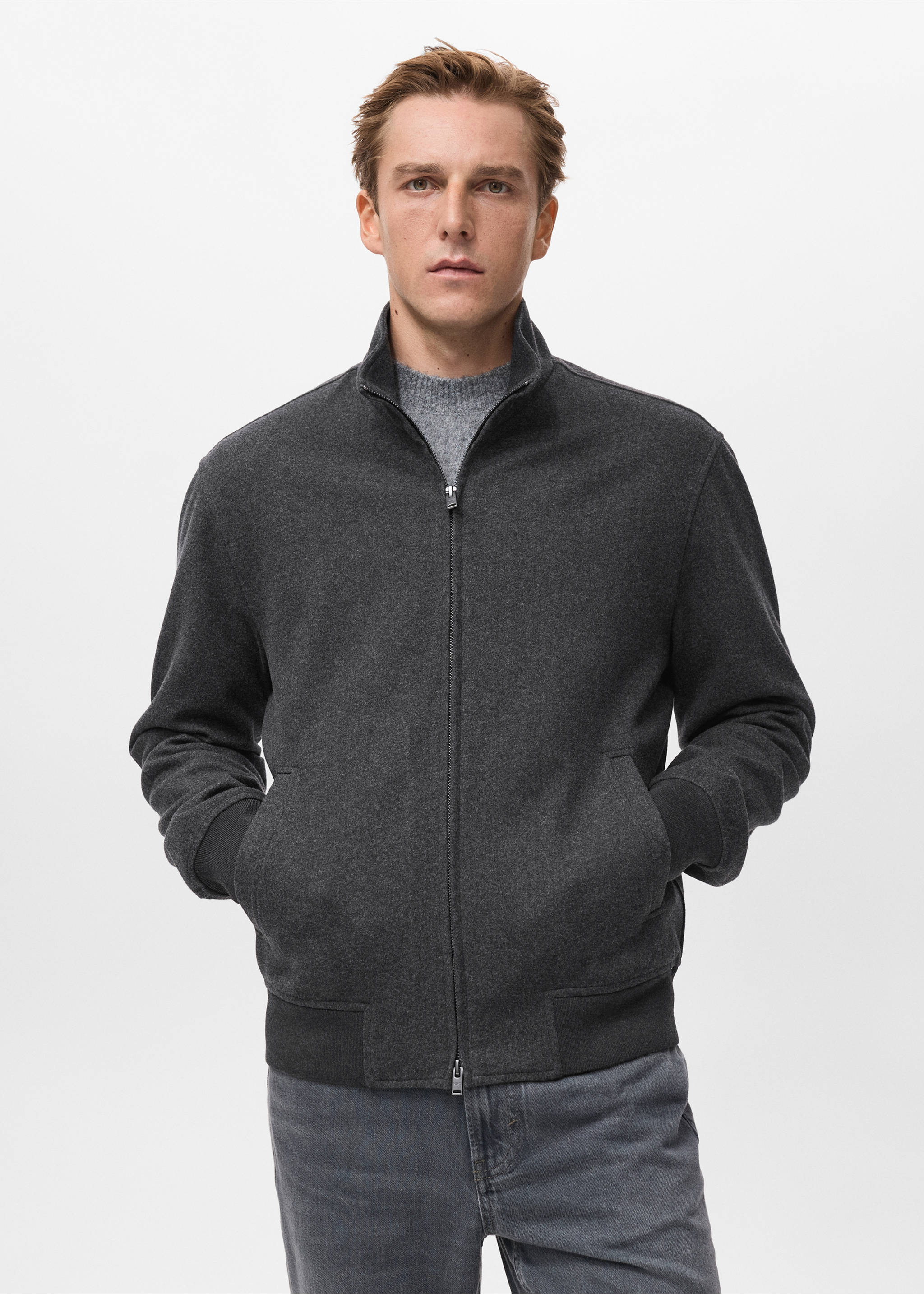 Dark grey zip-up sweatshirt with a high collar and ribbed hem., Dark Heather Grey. Ref: 17007903-00.