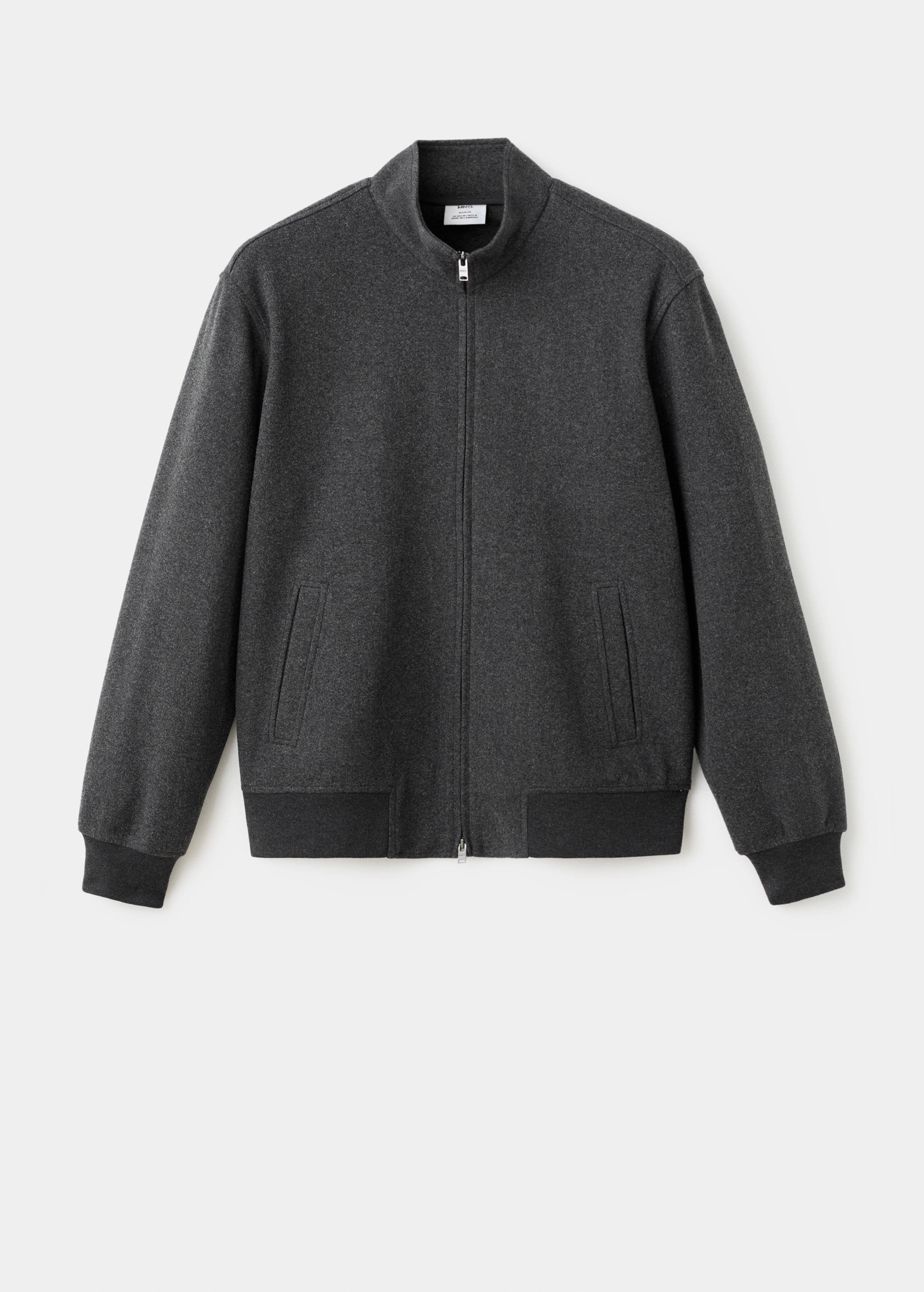 Dark grey zip-up sweatshirt with a high collar and ribbed hem.