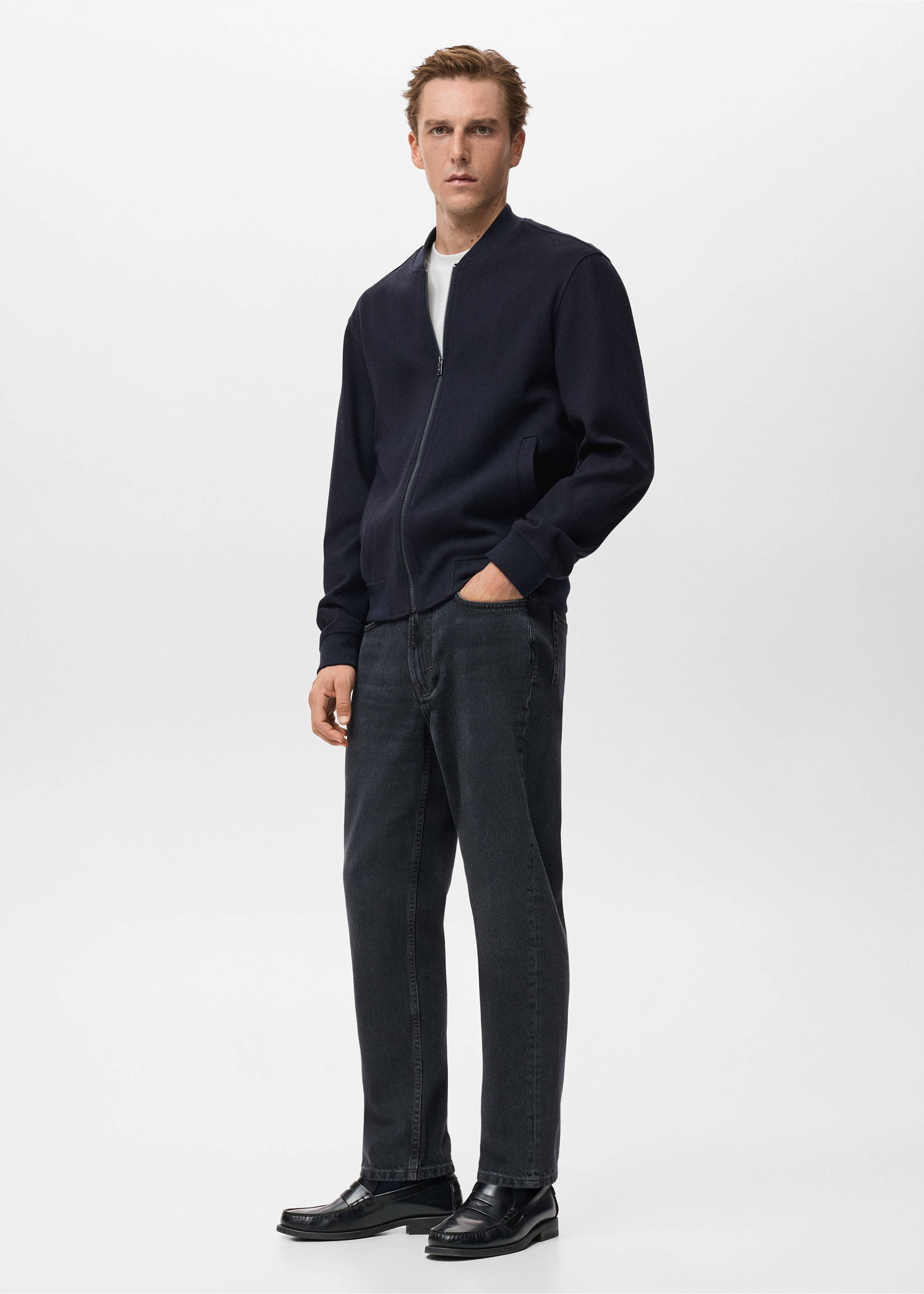 Bomber hoodie with zip - Details of the article 2, Navy. Ref: 17007905-00.