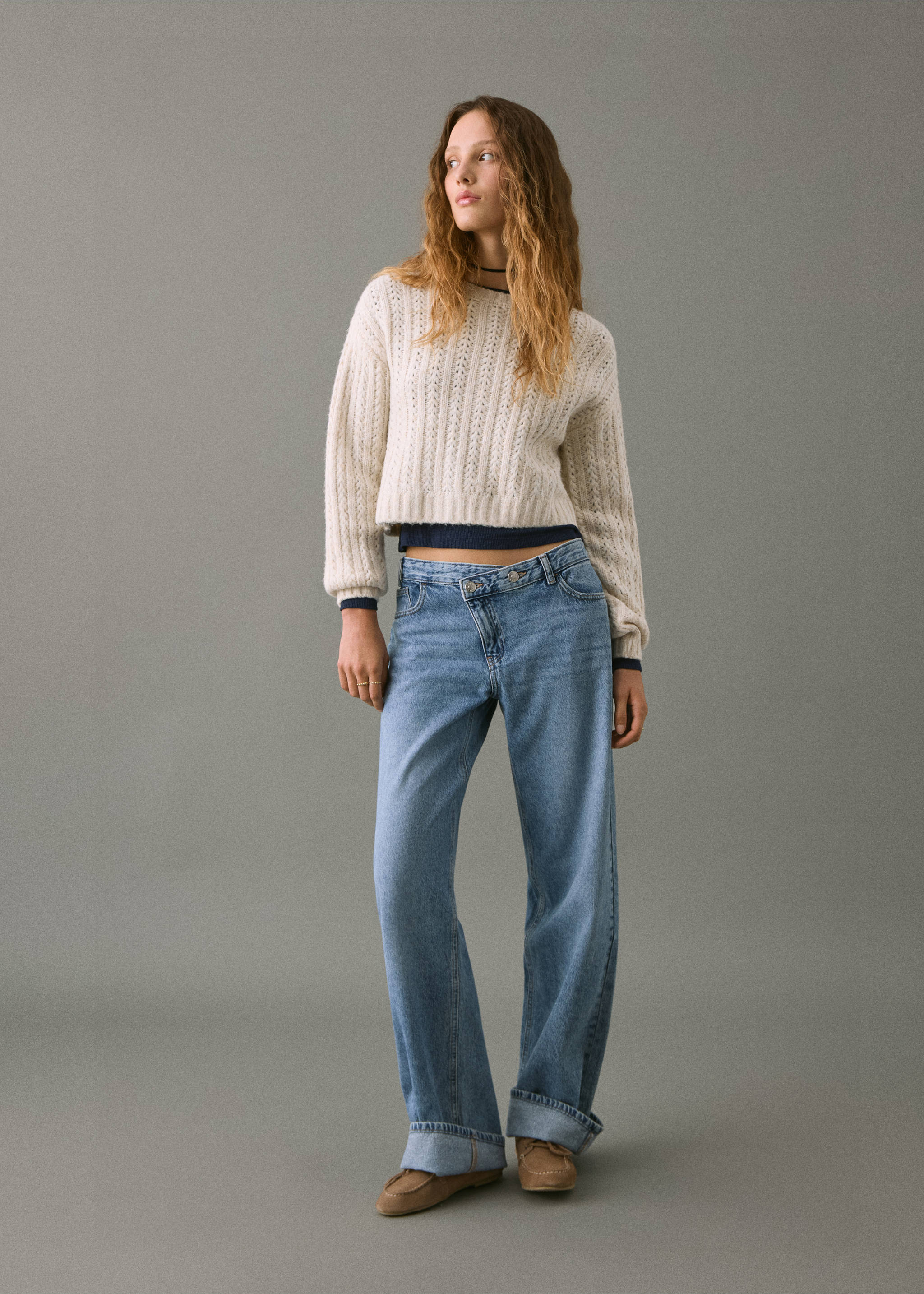 Knitted cropped sweater - General plane, Ecru. Ref: 17008273-00.