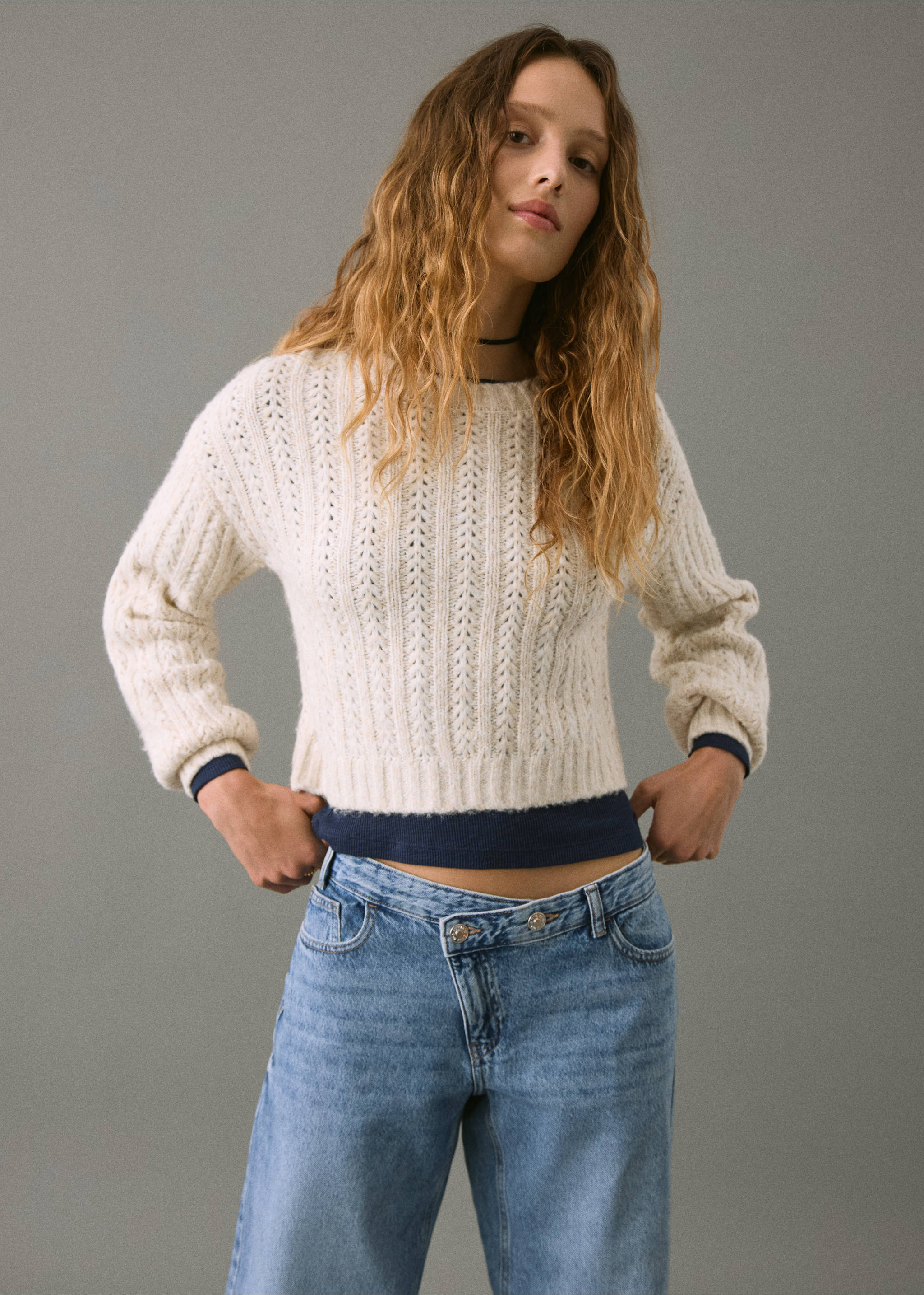 Knitted cropped sweater - Medium plane, Ecru. Ref: 17008273-00.