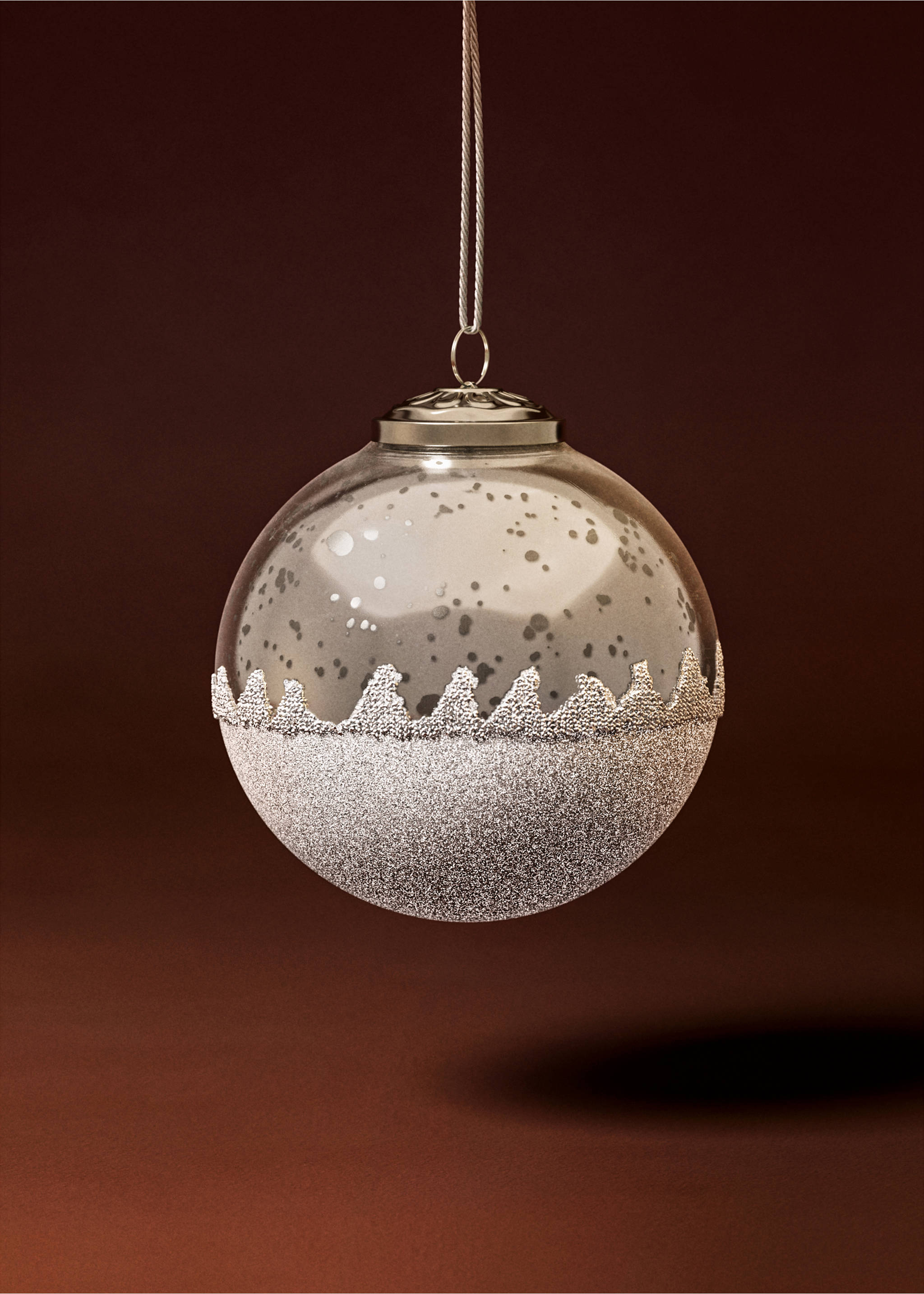 Glass Christmas bauble with speckled finish and lower glittering silver section., Silver. Ref: 17008639-00.