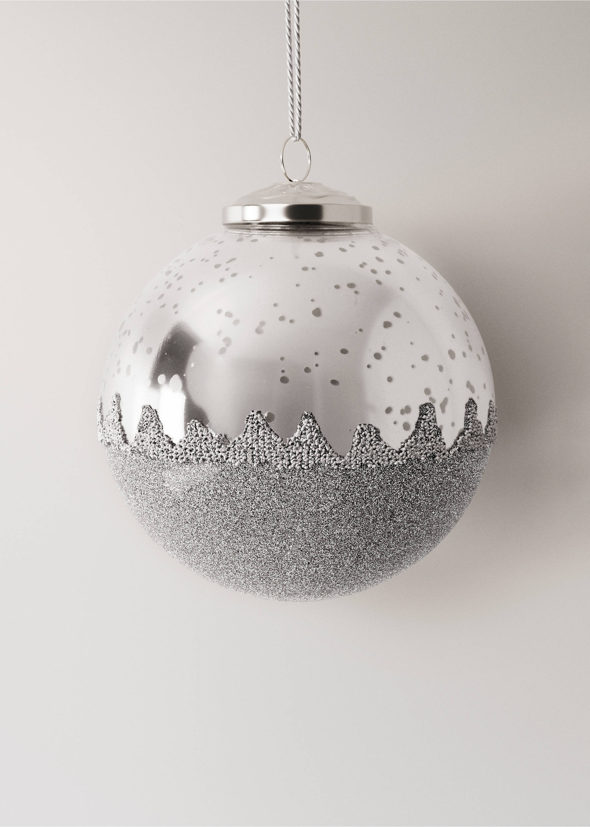 Silver glitter Christmas bauble with a speckled reflective top and hanging cord., Silver. Ref: 17008639-00.