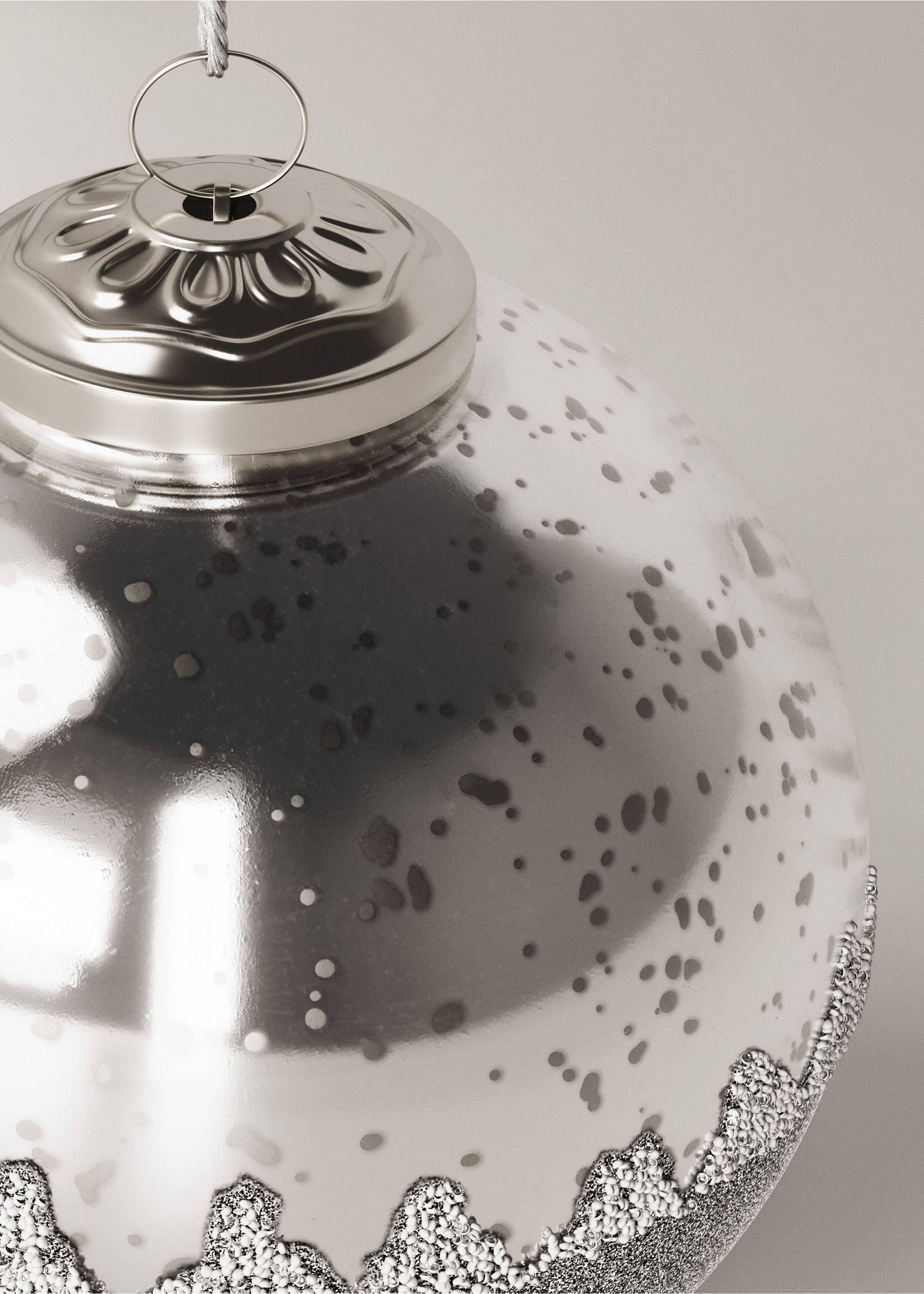 Silver glass Christmas ornament with speckled mercury finish and glittery frosted base., Silver. Ref: 17008639-00.
