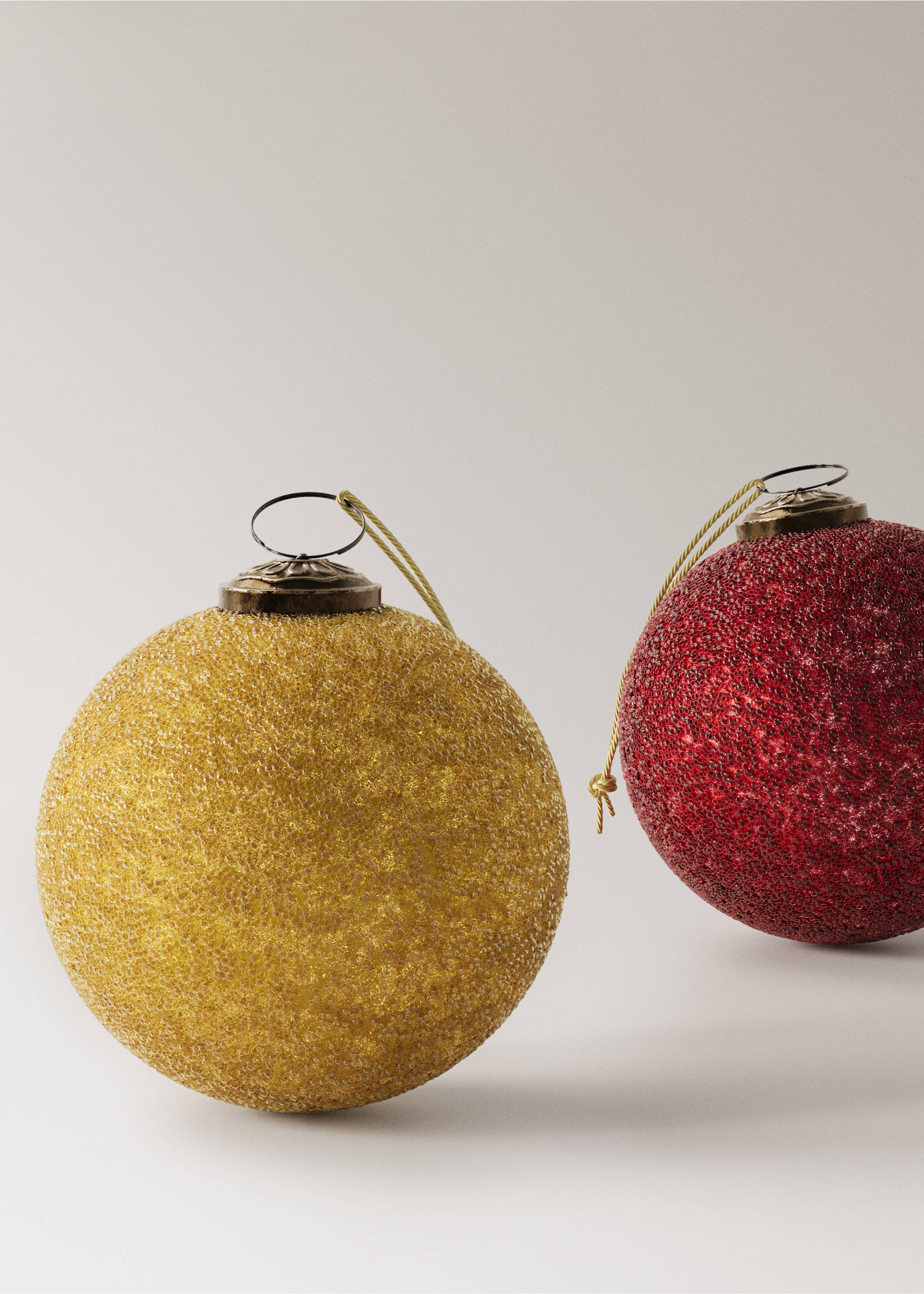 Gold and red textured glitter Christmas tree baubles., Gold. Ref: 17008640-00.