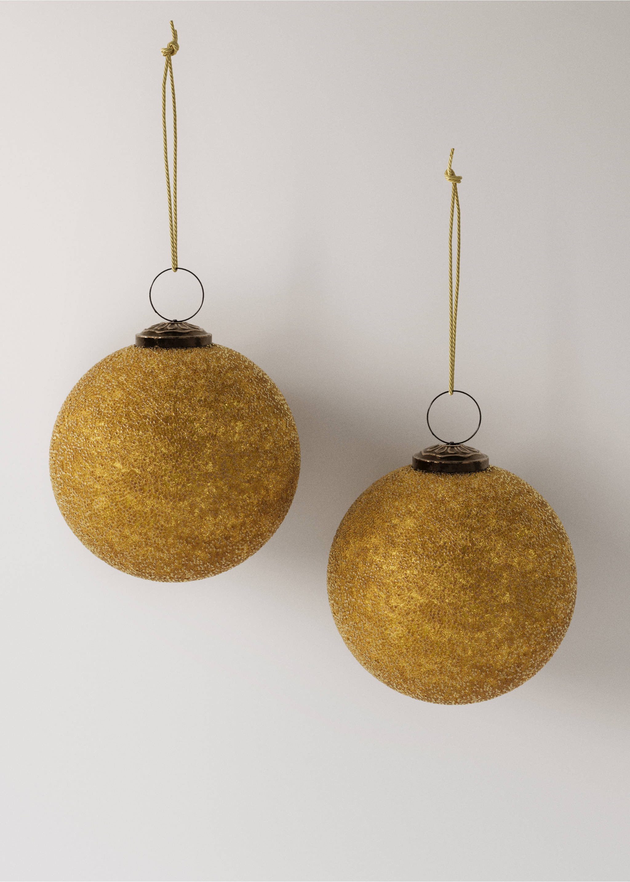 Two glittery gold Christmas tree ornaments with dark metallic caps., Gold. Ref: 17008640-00.